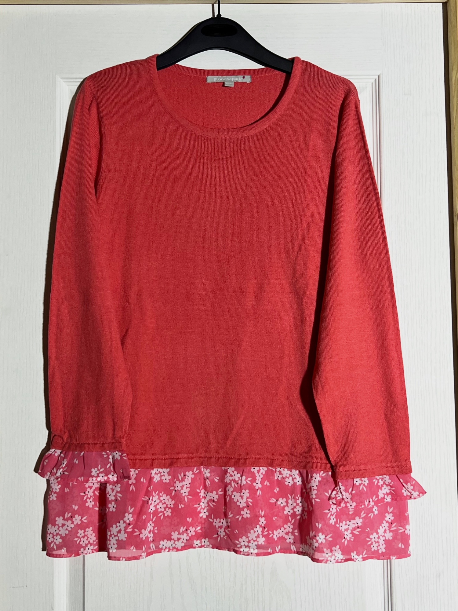 Pulls 2-en-1 rose corail avec volant fleuri – Taille 42/44 – Blancheporte