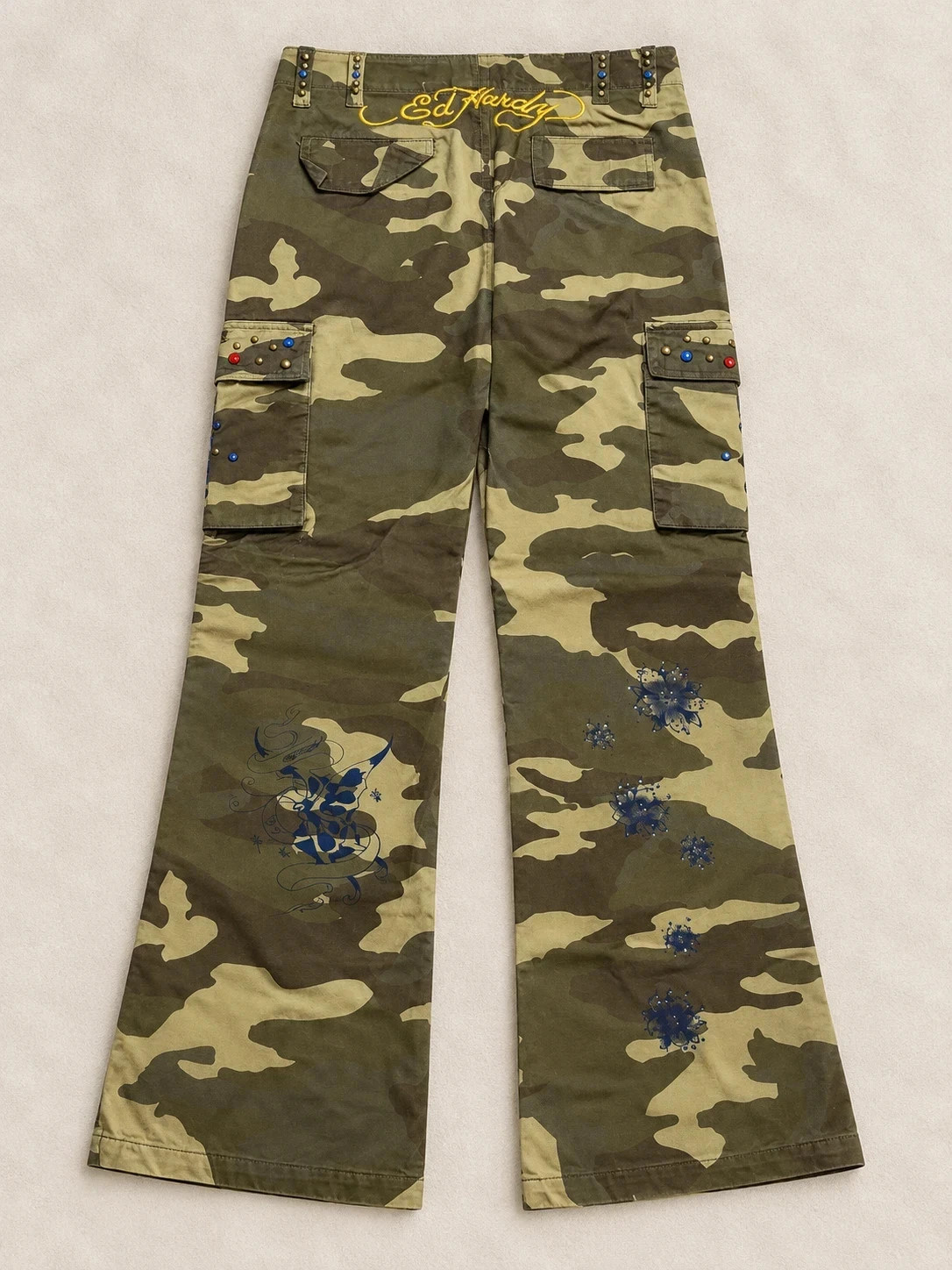 Pantalon cargo flare Ed Hardy camouflage broderie tête de mort strass clouté Taille 40 Vintage Y2K – Ed Hardy – taille L / 40 / 12 3