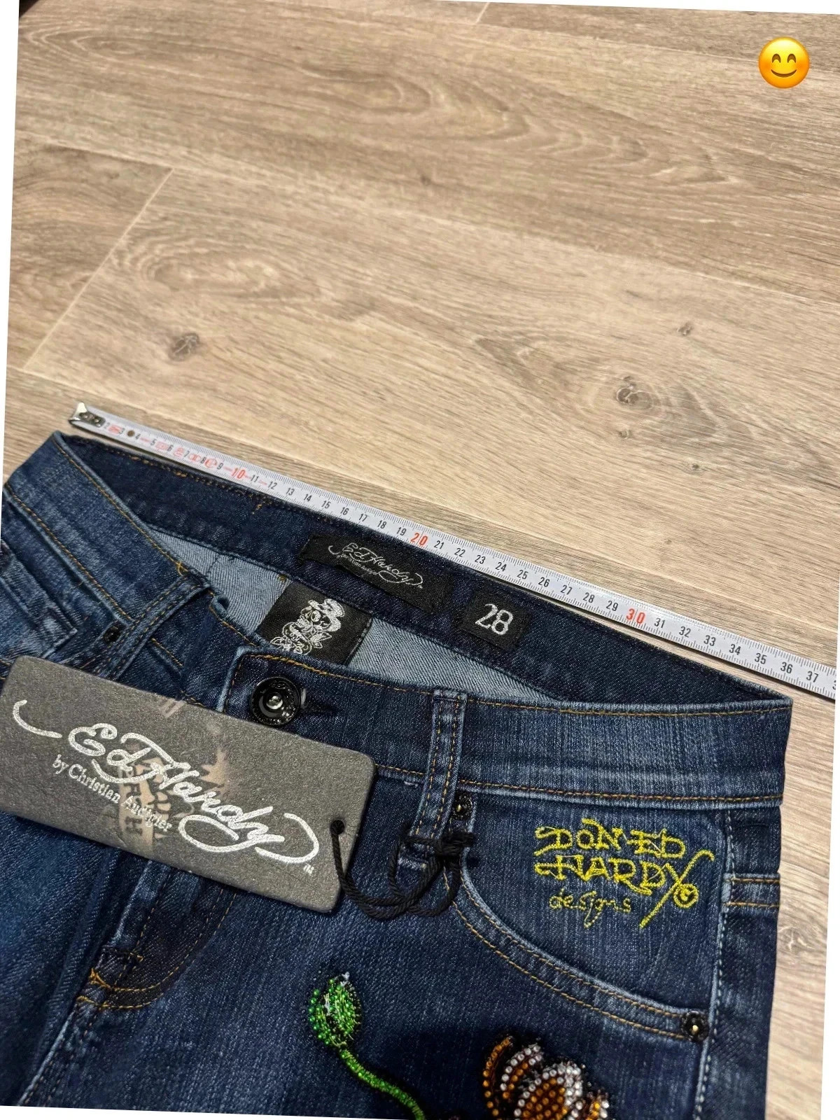 Jean bootcut Ed Hardy bleu foncé brut broderie fleur pivoine strass Taille 36 Vintage Y2K McBling – Ed Hardy – taille S / 36 / 8 3