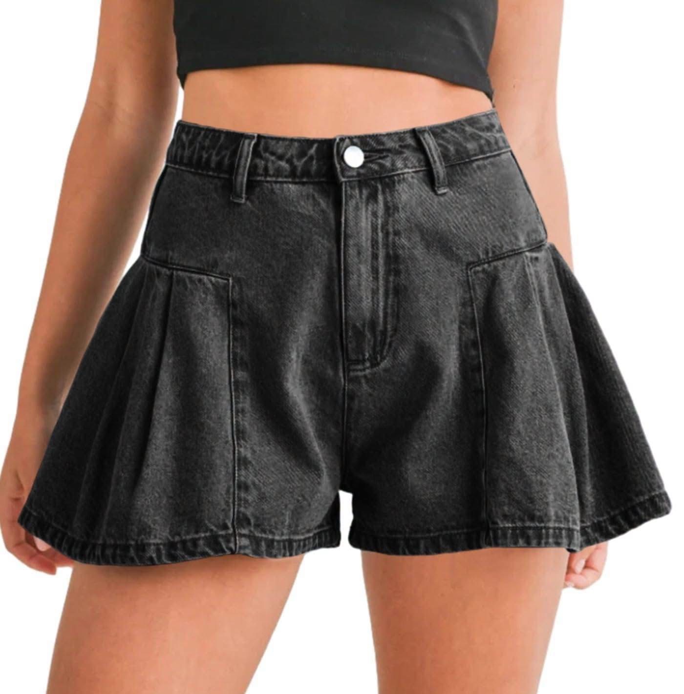 Black Denim Pleated Shorts