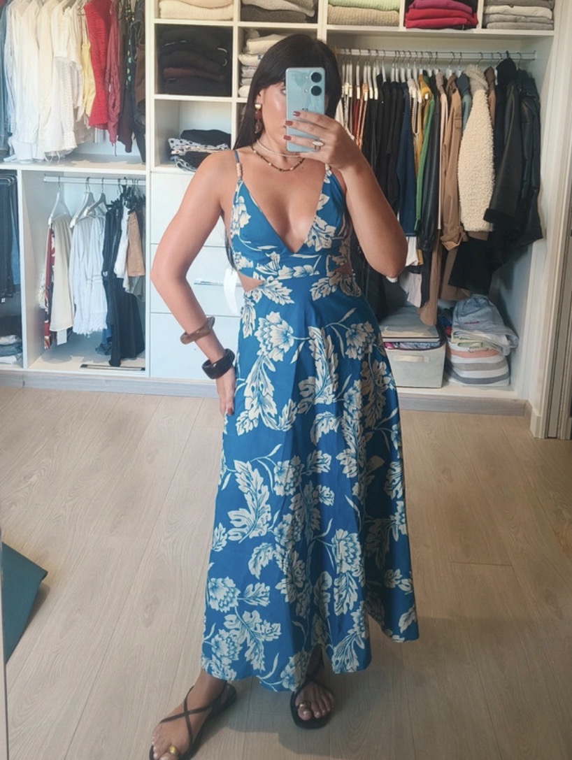 Robe longue bleu fleuri col V