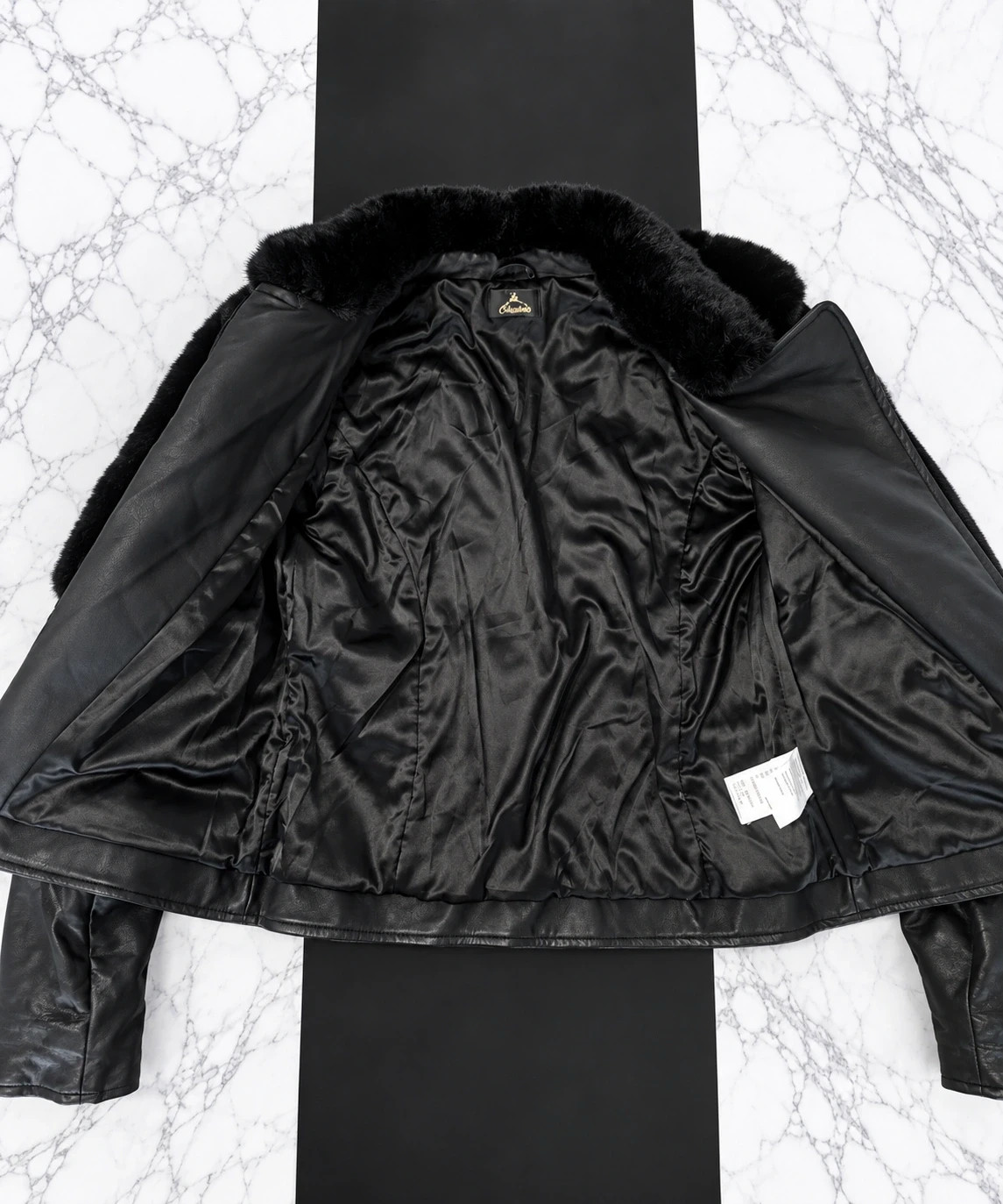 Veste noire style perfecto Femme – Noir col effet Cuir & Fausse Fourrure – Taille 42 – marque indépendante – taille XL / 42 / 14 2