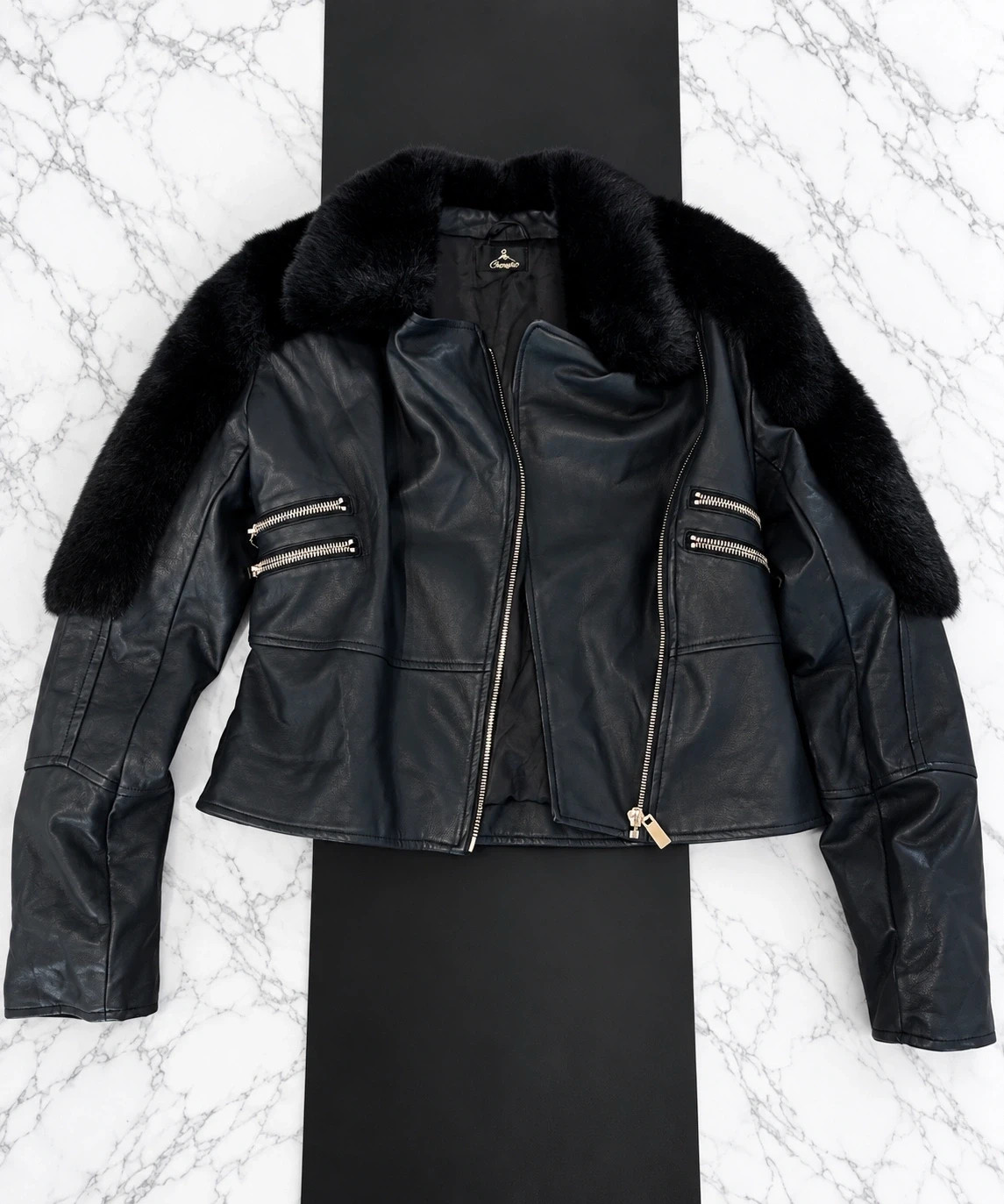 Veste noire style perfecto Femme – Noir col effet Cuir & Fausse Fourrure – Taille 42