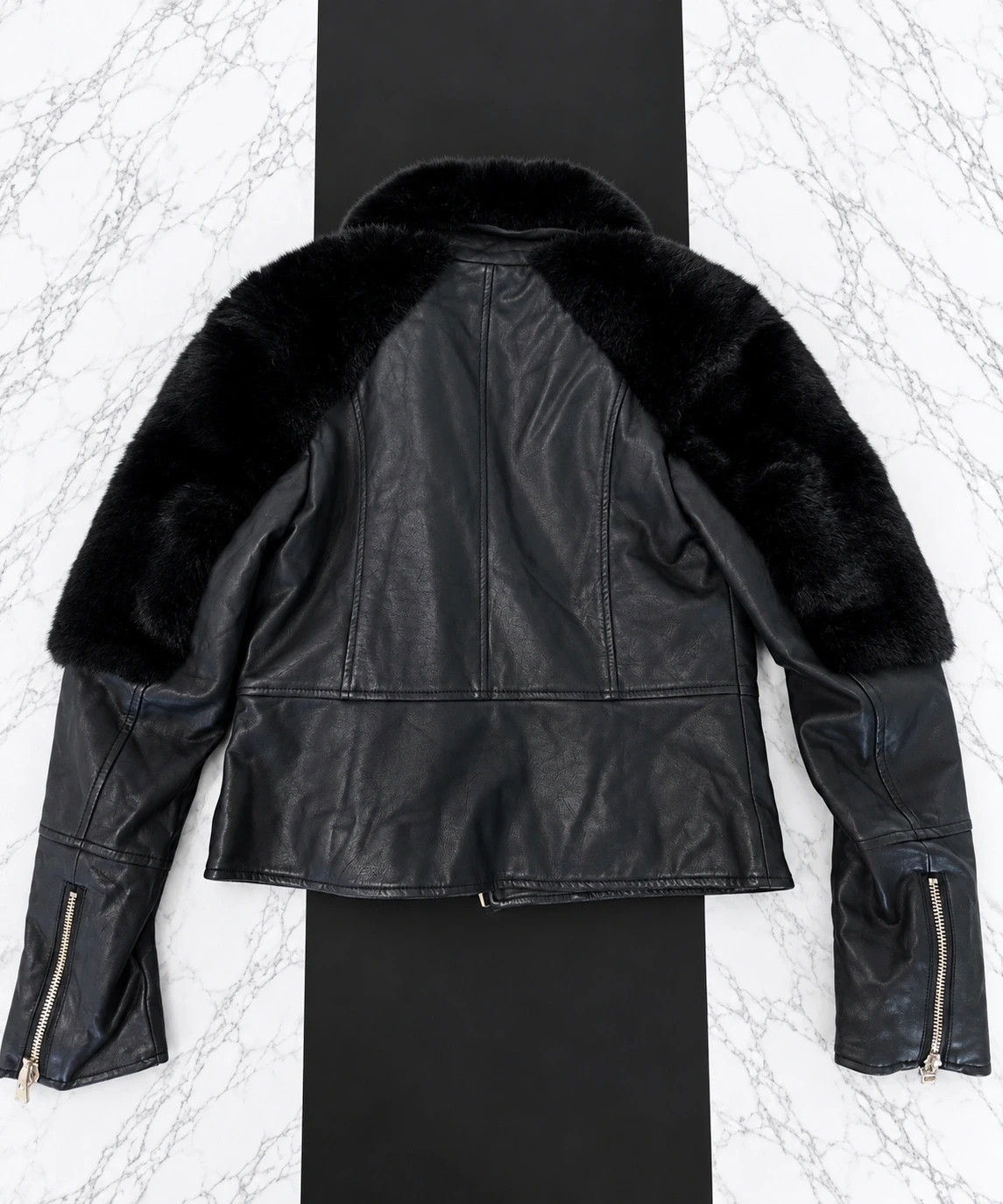 Veste noire style perfecto Femme – Noir col effet Cuir & Fausse Fourrure – Taille 42 – marque indépendante – taille XL / 42 / 14 3