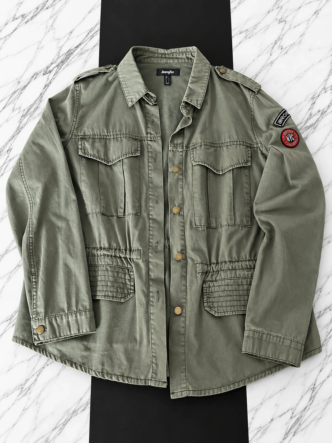 Veste saharienne Jennyfer kaki militaire – Patchs Bronx NYC – Taille L