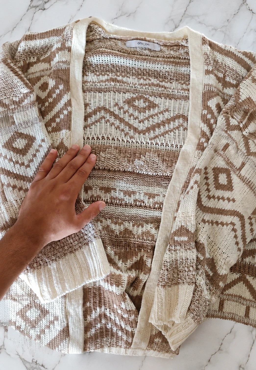 Cardigan ON&ON en maille jacquard – Écru & beige – Style bohème / nordique - Taille L – Vintage Dressing – taille L / 40 / 12 2