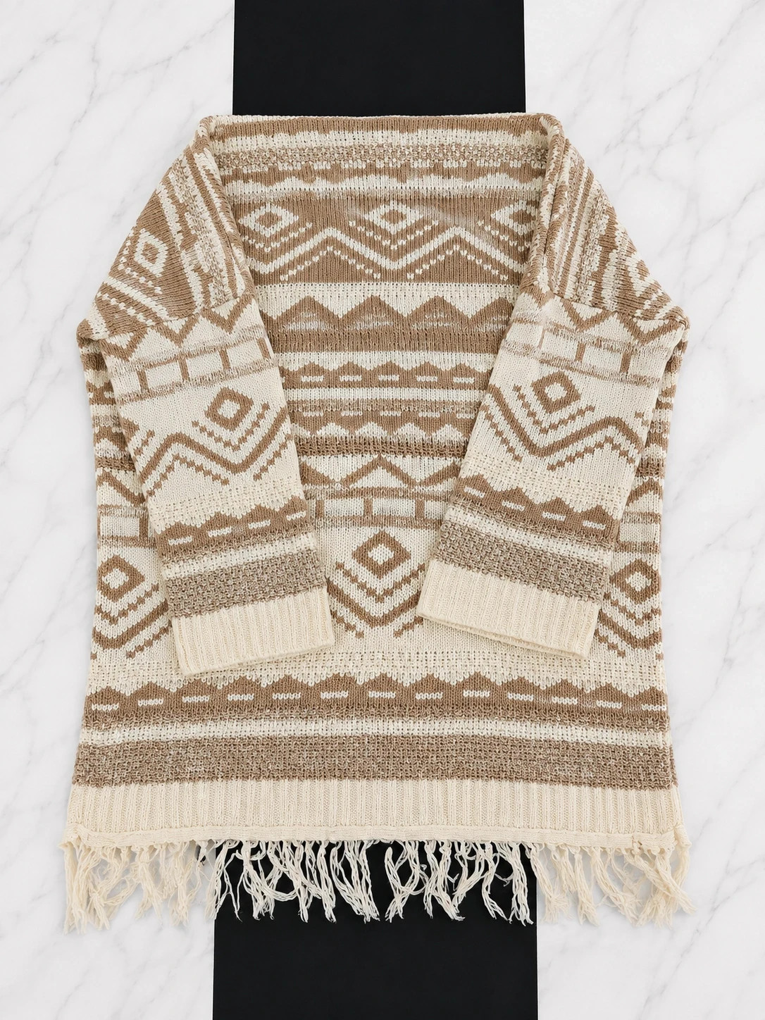 Cardigan ON&ON en maille jacquard – Écru & beige – Style bohème / nordique - Taille L – Vintage Dressing – taille L / 40 / 12 4