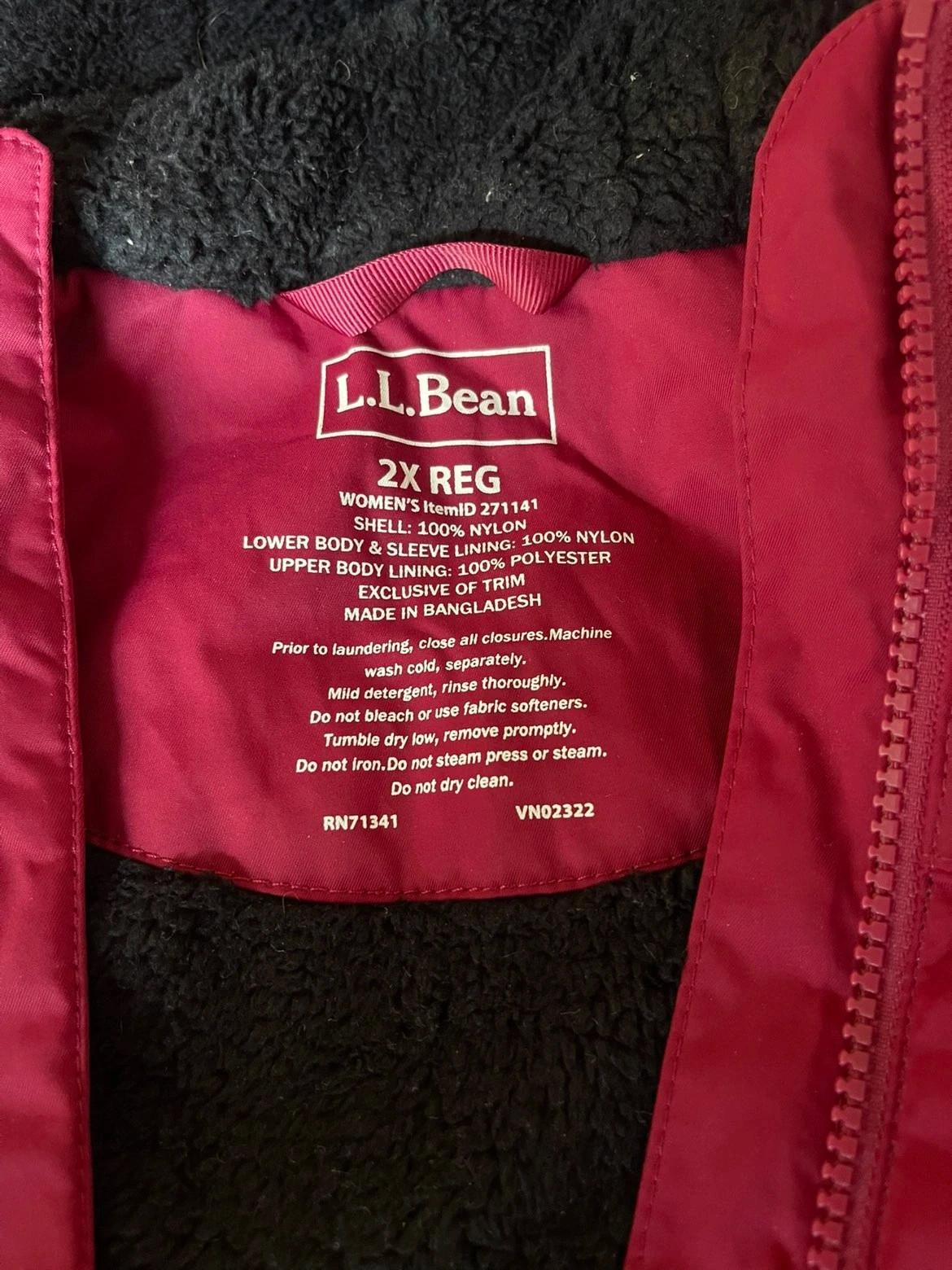 Parka L.L.Bean femme 2XL – Rose framboise – Doublée polaire – Capuche – L.L. Bean – taille XXL / 44 / 16 5