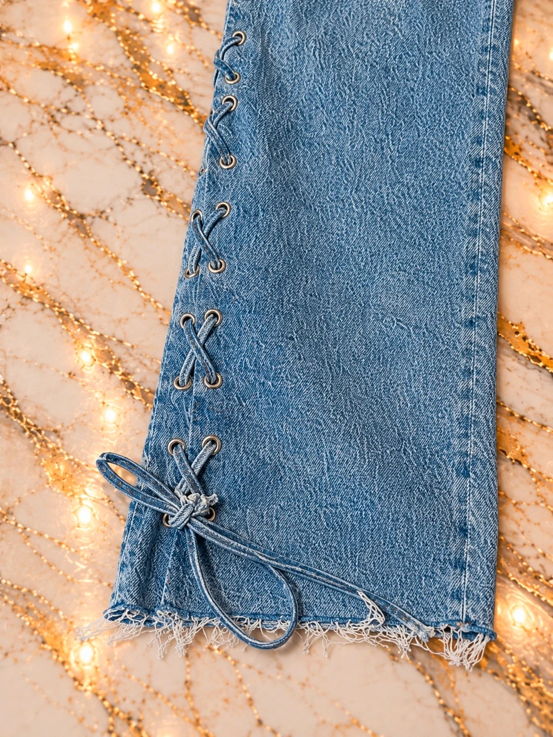 Jean Zara femme bleu délavé à lacets – Taille 40 – Zara – taille L / 40 / 12 4