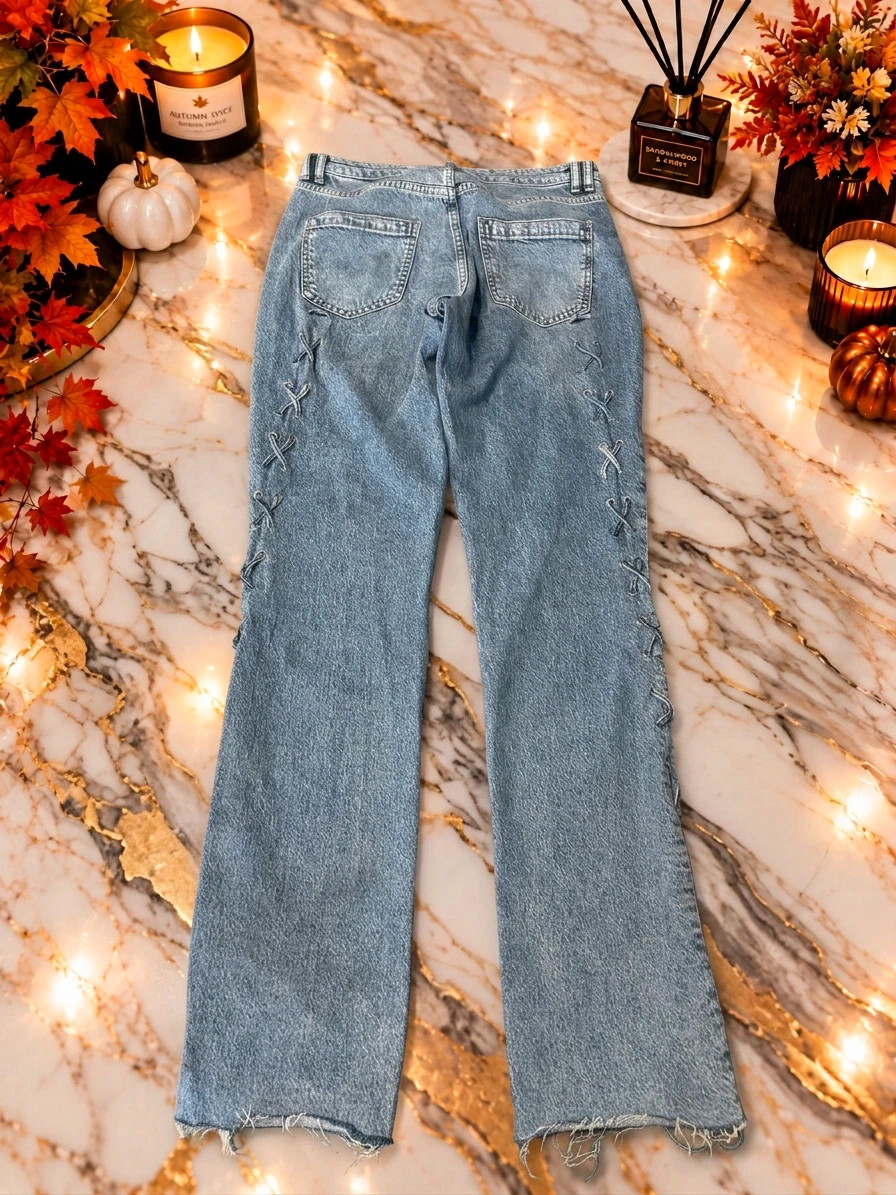 Jean Zara femme bleu délavé à lacets – Taille 40 – Zara – taille L / 40 / 12 2