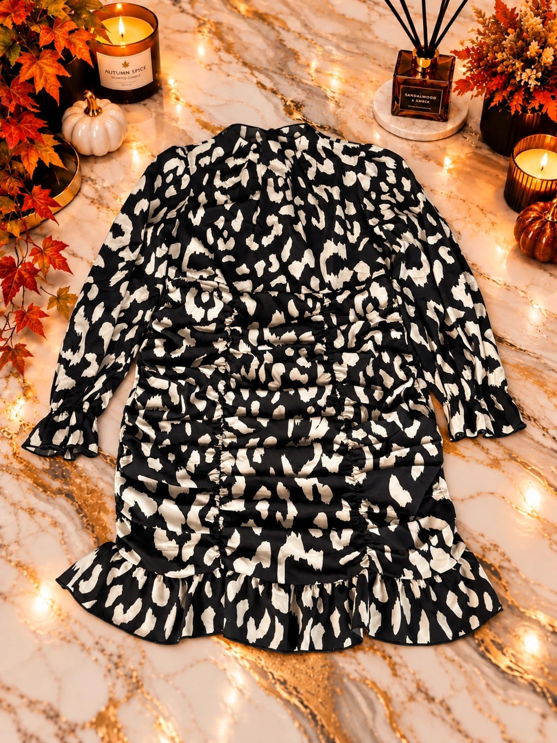Robe SHEIN froncée imprimée noir & écru – Taille L / 40-42 – Shein – taille L / 40 / 12 2