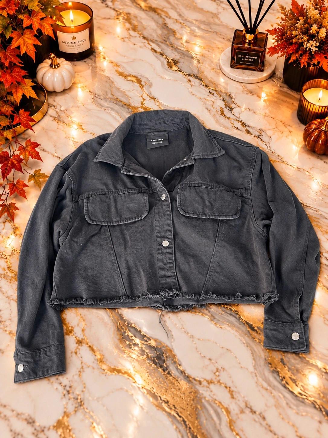 Veste courte en jean gris délavé Pull&Bear – Taille M – Coupe crop