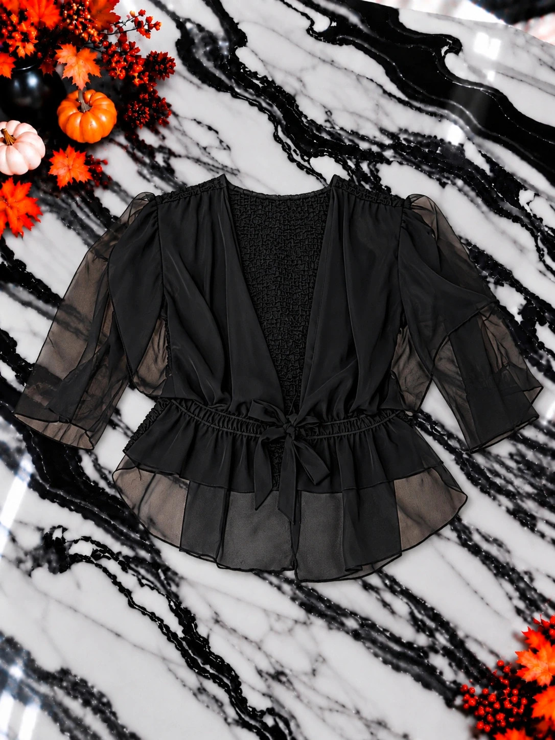 Blouse noire femme S/M – Manches transparentes en voile – Boutons nacrés – Chic et élégante – sans marque – taille M / 38 / 10 2