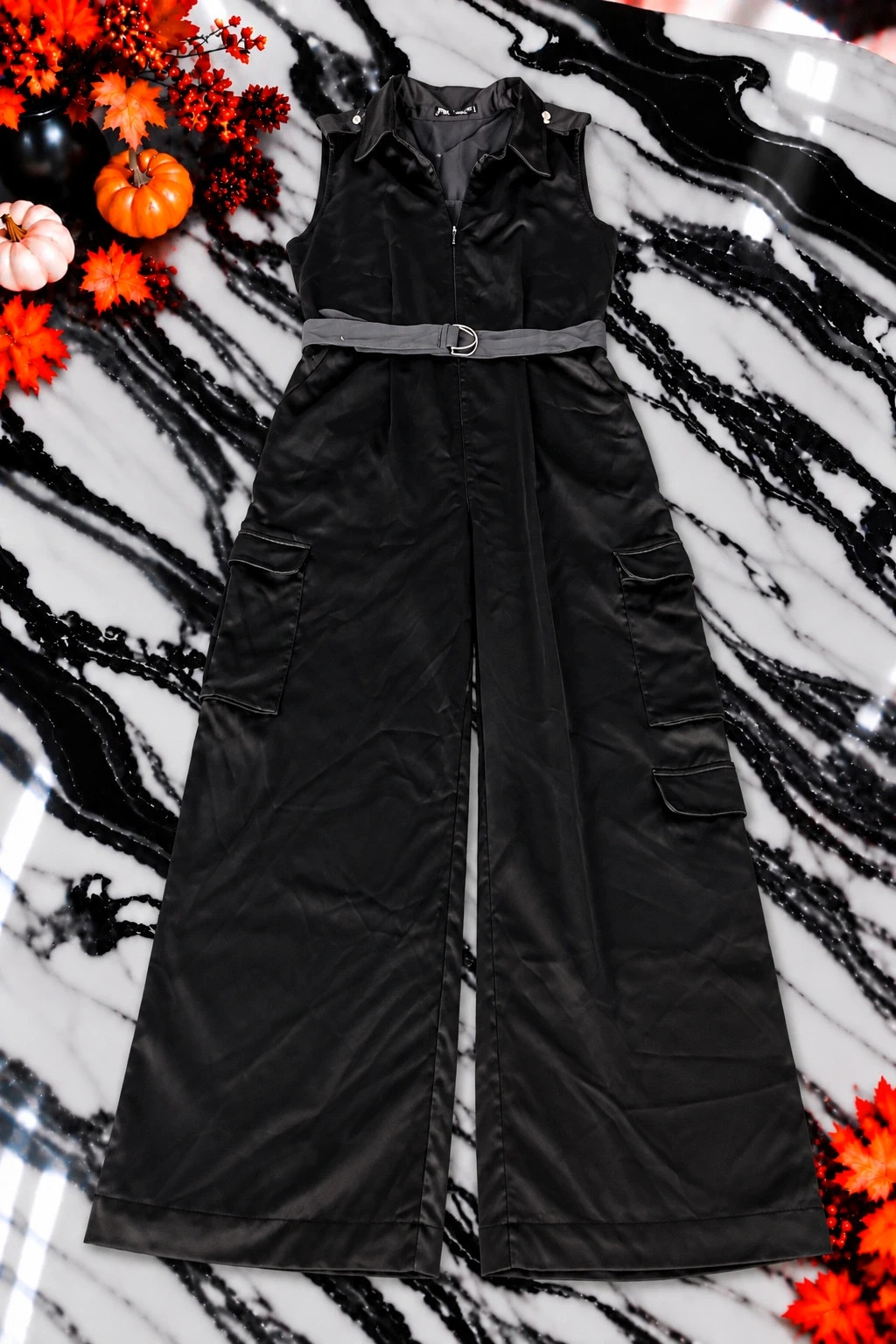 Combinaison pantalon Zara noire effet cuir – Taille L – Coupe large cargo – Ceinturée – Zara – taille L / 40 / 12 2
