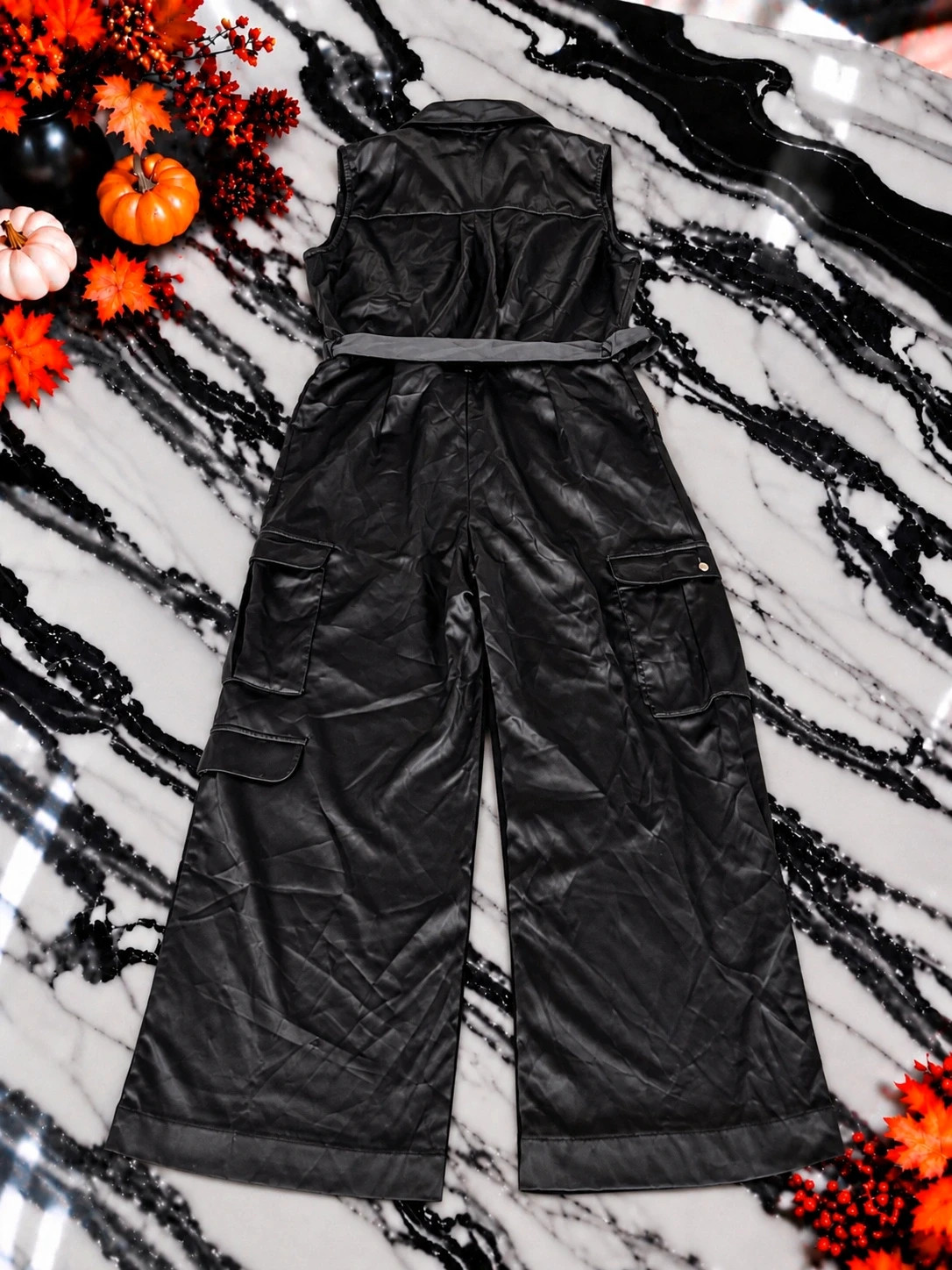 Combinaison pantalon Zara noire effet cuir – Taille L – Coupe large cargo – Ceinturée – Zara – taille L / 40 / 12 3