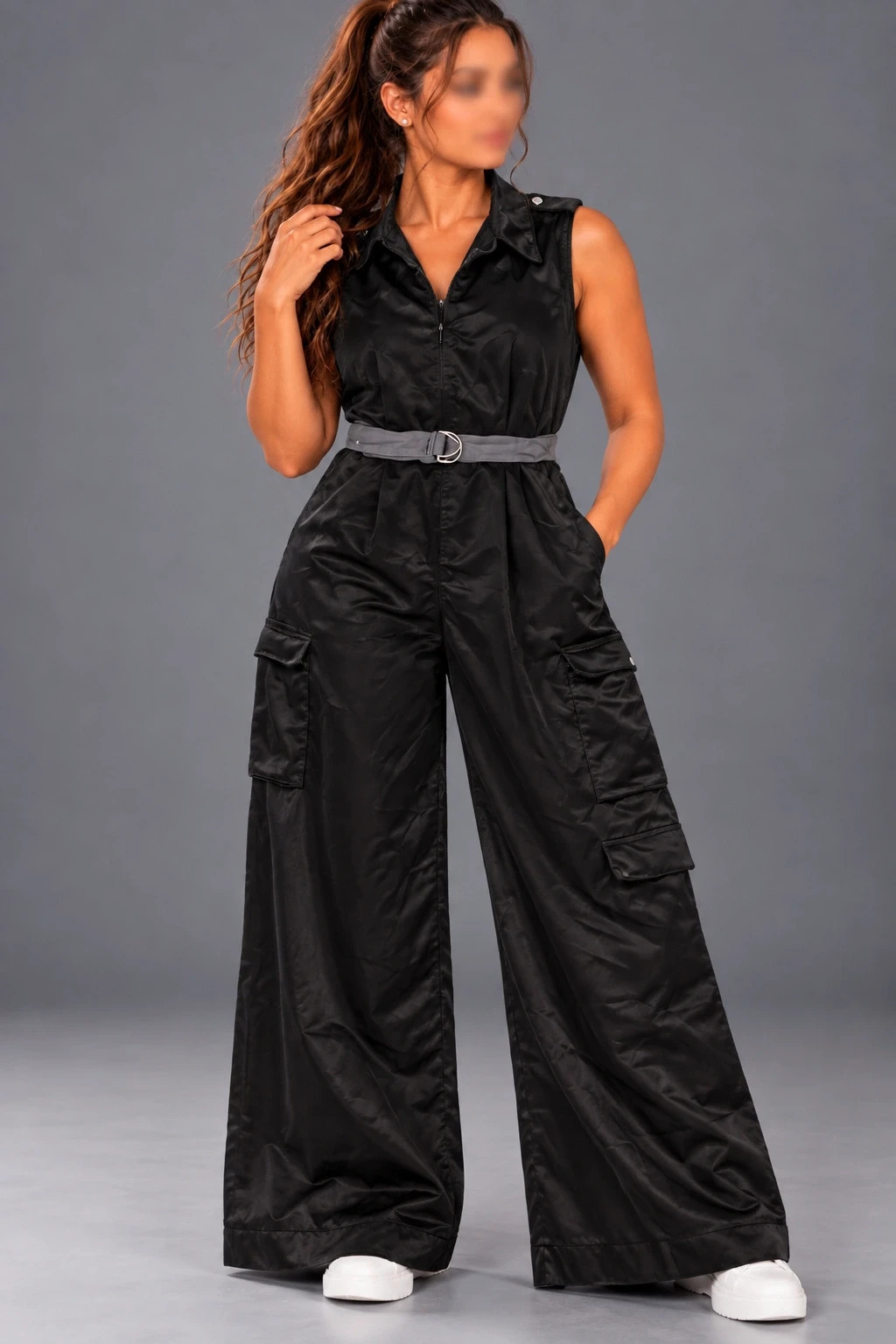 Combinaison pantalon Zara noire effet cuir – Taille L – Coupe large cargo – Ceinturée