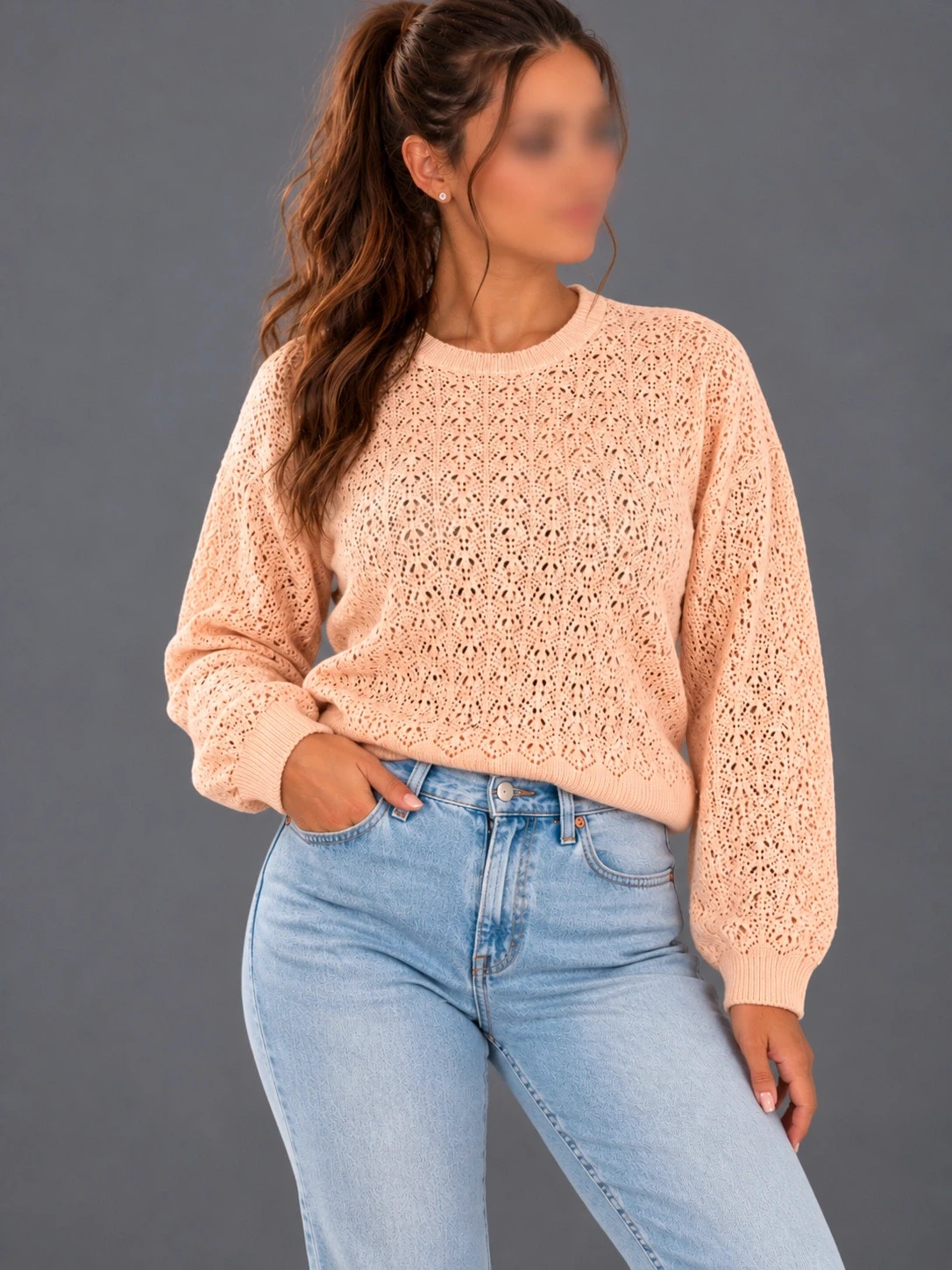 Pull femme KIABI en maille ajourée rose pêche – Taille XL – Manches longues