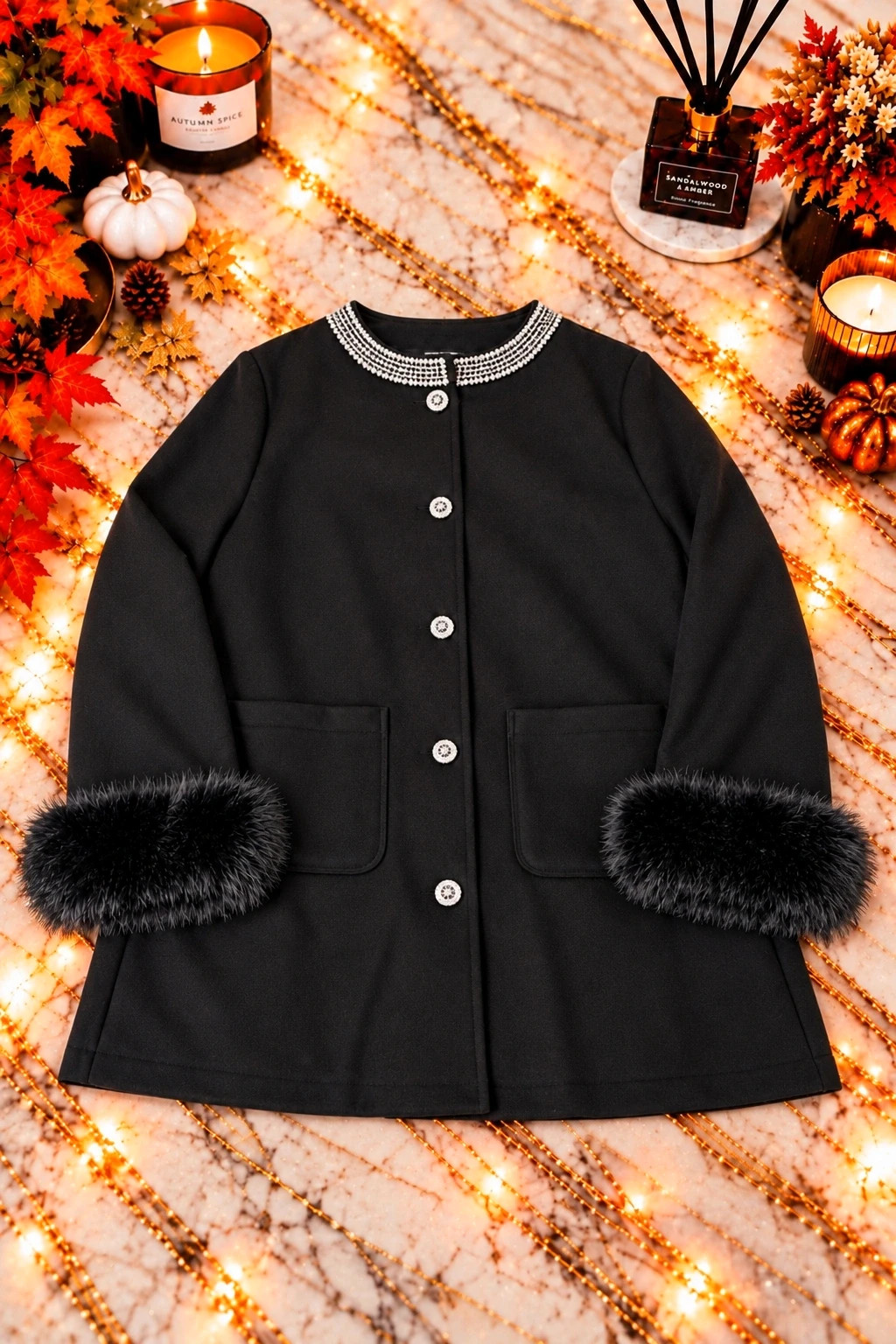 Manteau noir femme SHEIN – Col bijou et poignets en fausse fourrure – Taille XL / 44