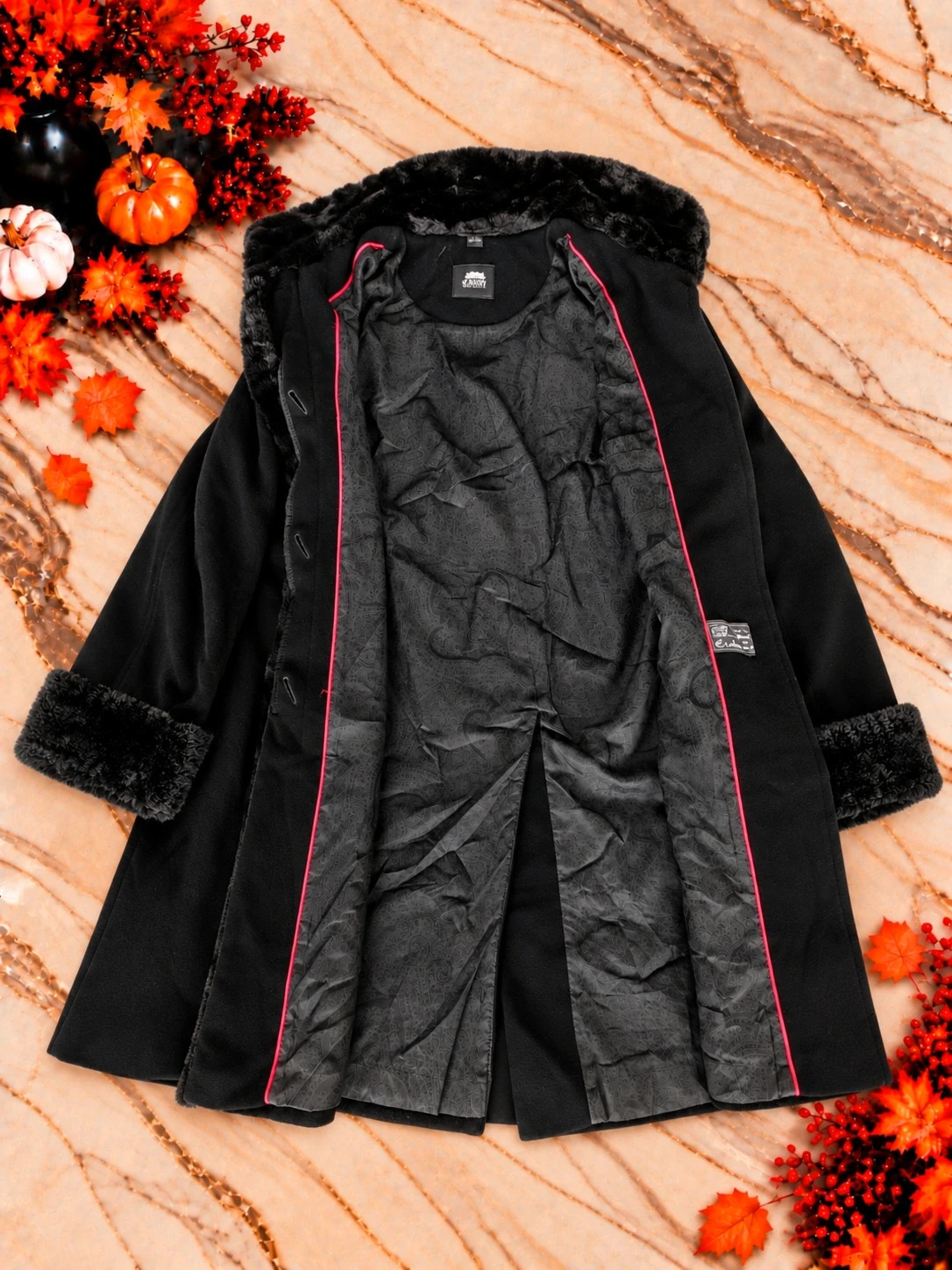 Manteau long d’Auvry Exclusive noir – Col et poignets effet fourrure – Taille 42 XL– Cashmere & Chic – d´Auvry – taille XL / 42 / 14 2