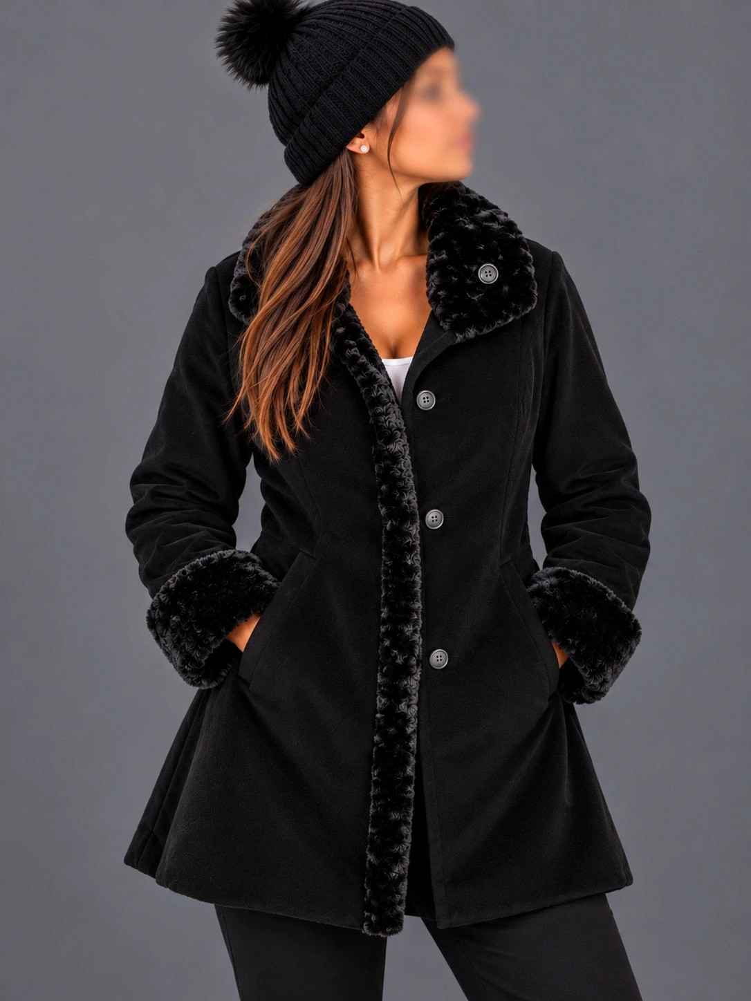 Manteau long d’Auvry Exclusive noir – Col et poignets effet fourrure – Taille 42 XL– Cashmere & Chic