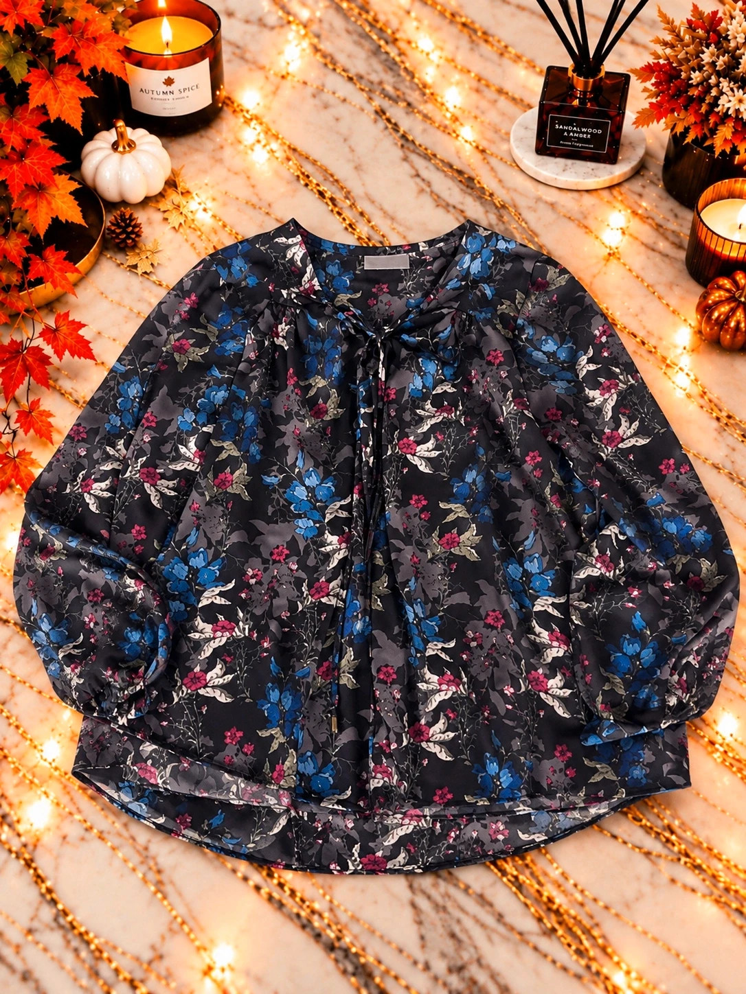 Robe fleurie Yessica taille 42 noire bleu rose – manches longues