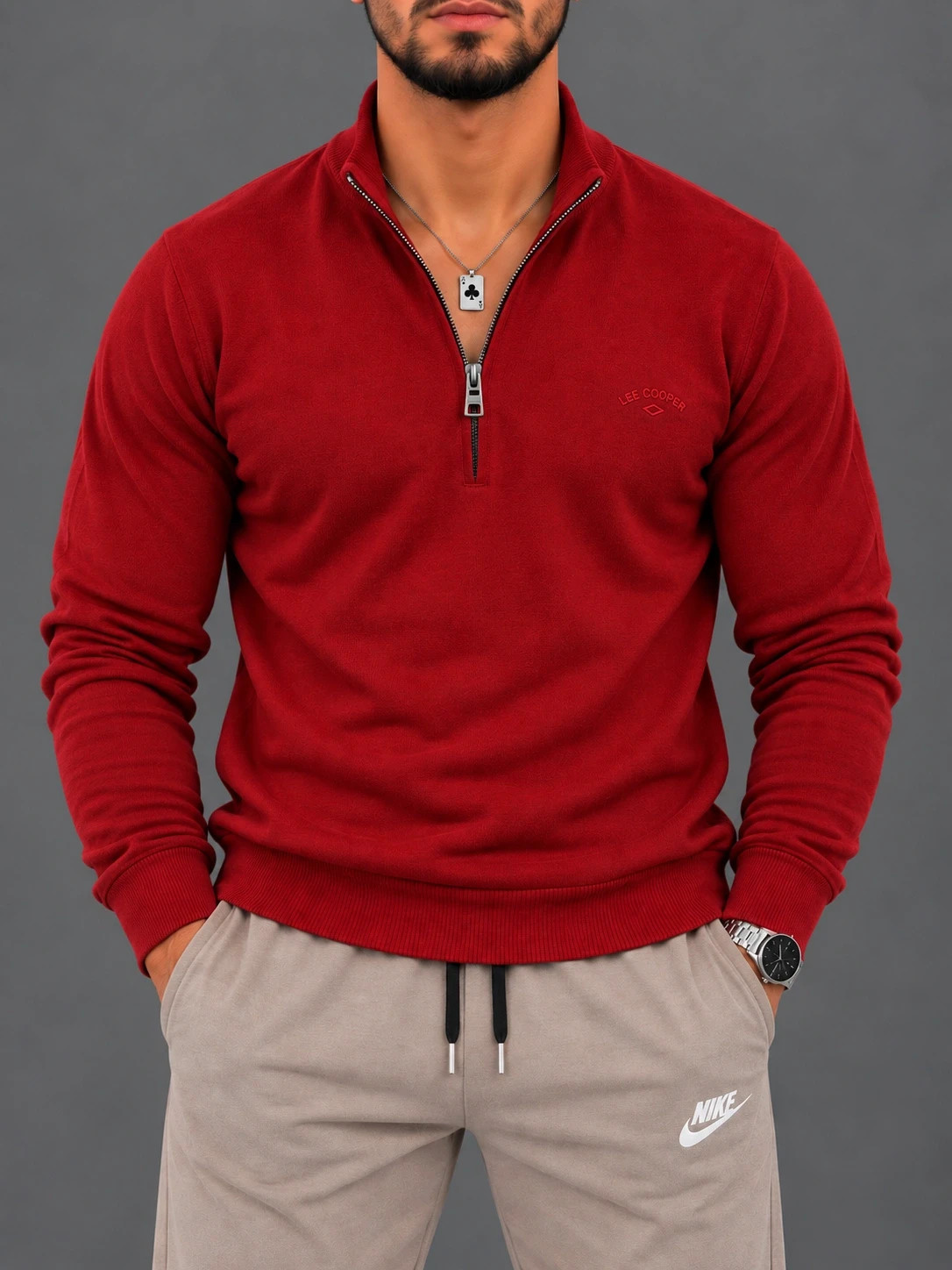 Pull 1/4 zip Lee Cooper rouge homme – Taille L