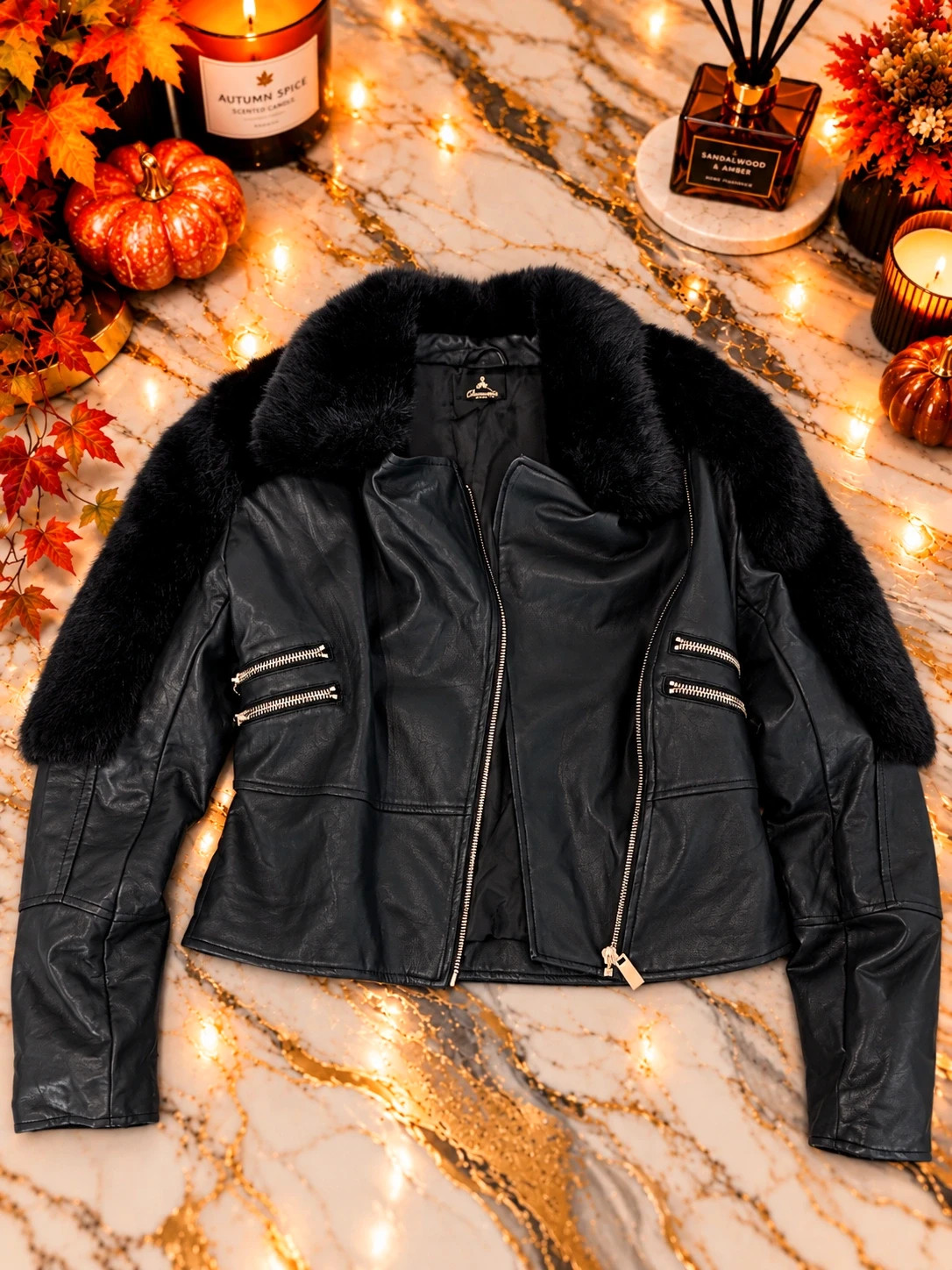 Veste noire Couture effet cuir & fausse fourrure – Taille M