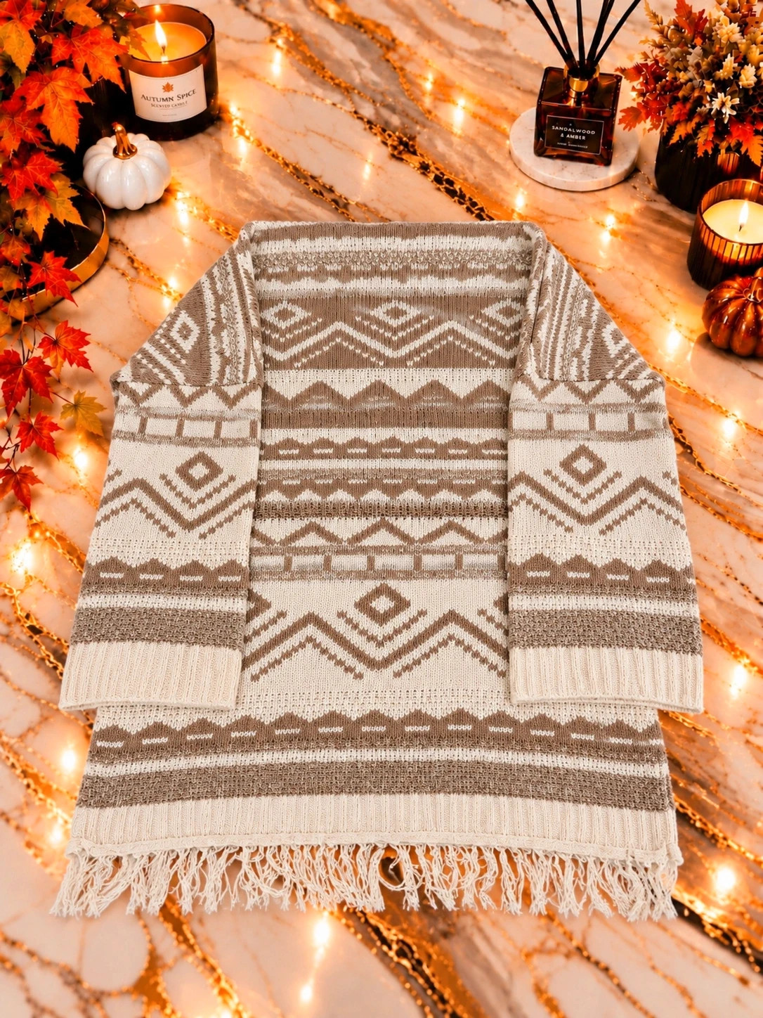 Gilet long On n On à motifs bohème – beige et écru Taille L – boutique indépendante – taille L / 40 / 12 3