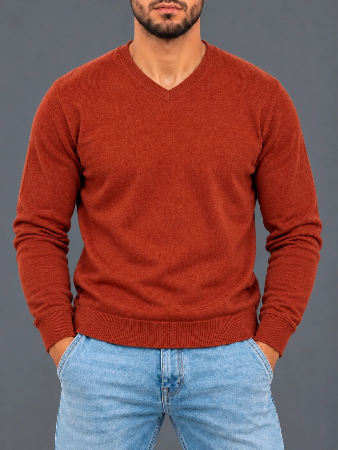 Pull Eddie Bauer Homme Orange Brique Rouille – Taille L – Col V – Coton et Cachemire