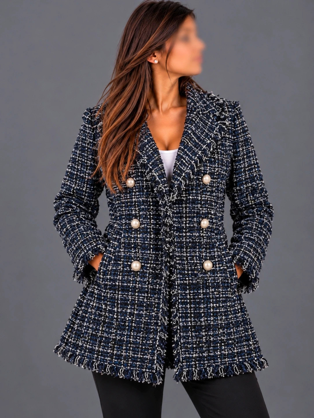 Manteau Blazer Long Zara Woman Femme – Tweed Bleu Marine, Noir & Blanc – Taille S – Boutons Perlés