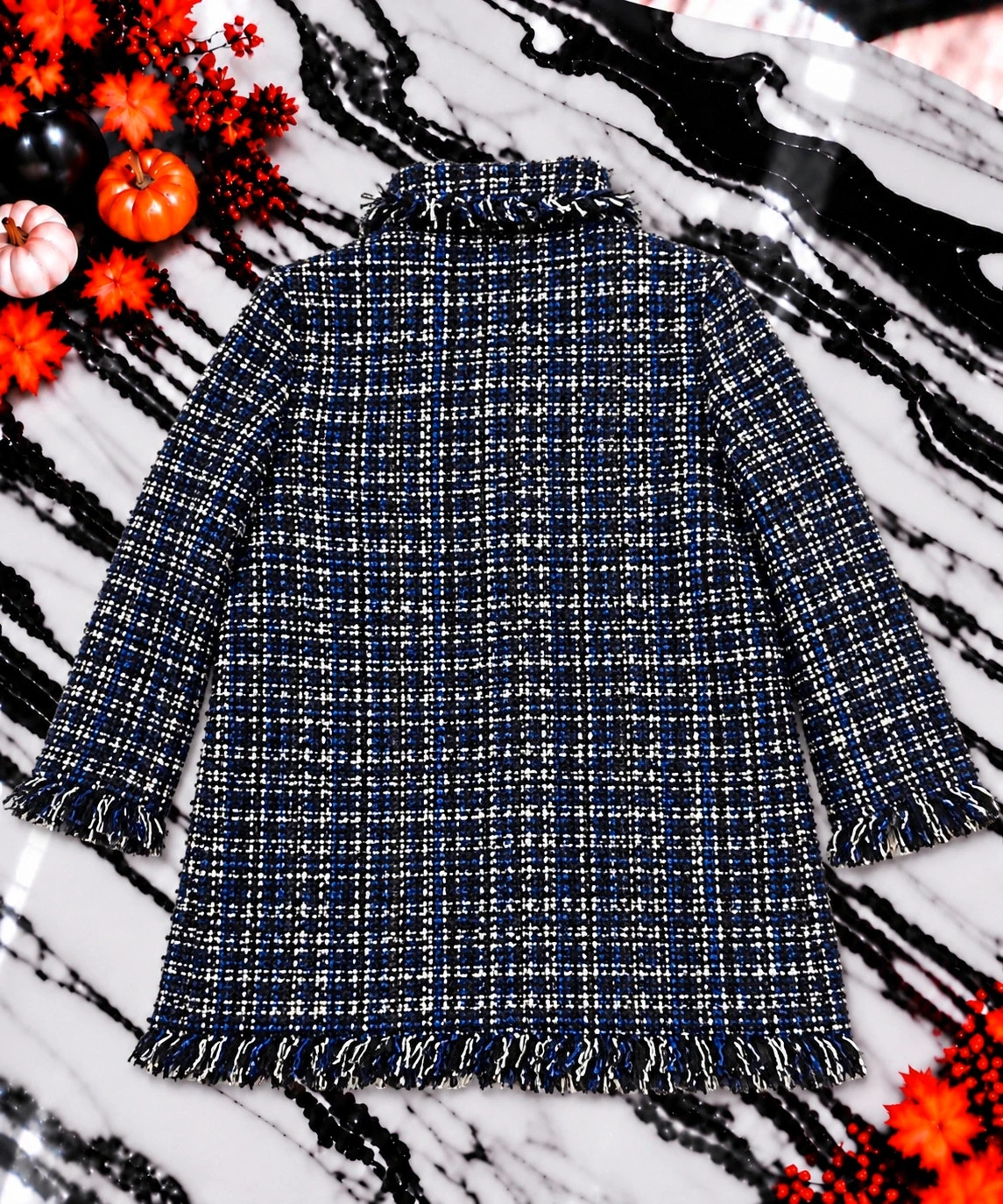 Manteau Blazer Long Zara Woman Femme – Tweed Bleu Marine, Noir & Blanc – Taille S – Boutons Perlés – Zara – taille S / 36 / 8 3