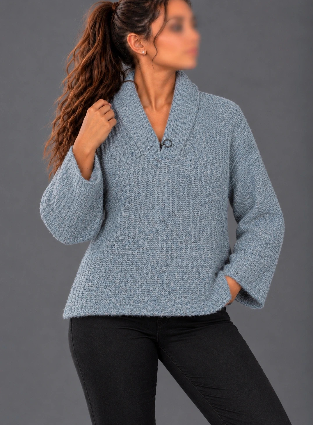 Pull Pull&Bear Femme Gris Chiné – Taille S – Grosse Maille – Col Montant