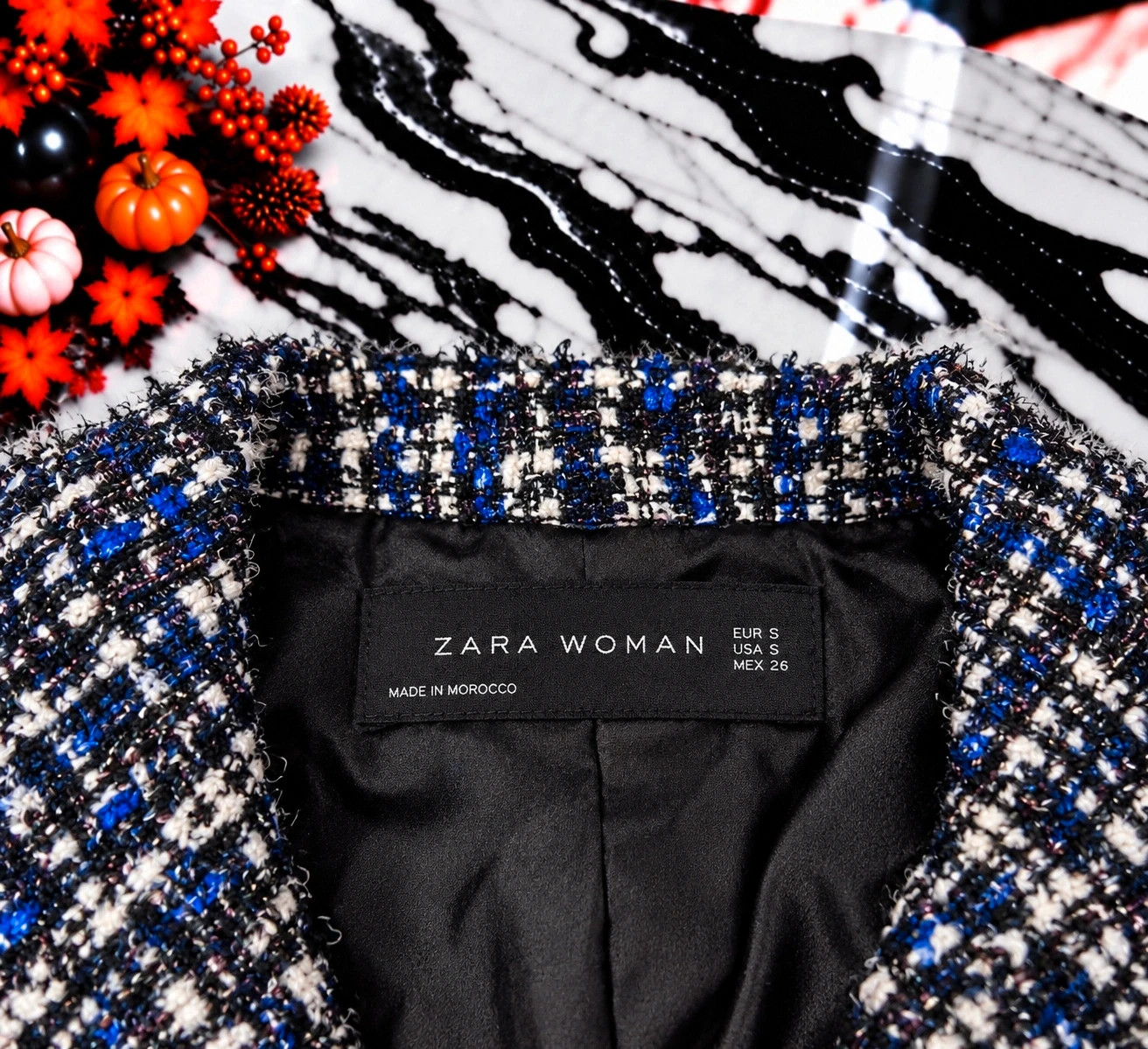 Manteau Blazer Long Zara Woman Femme – Tweed Bleu Marine, Noir & Blanc – Taille S – Boutons Perlés – Zara – taille S / 36 / 8 2