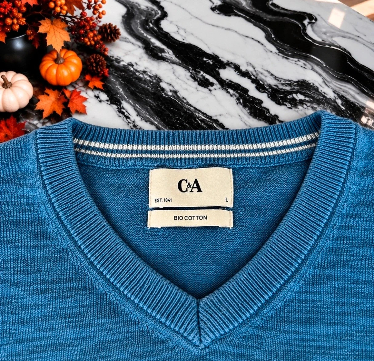 Pull C&A Homme Bleu Chiné – Taille L – Col V – Coton Bio – Manches Longues – C&A – taille L 2