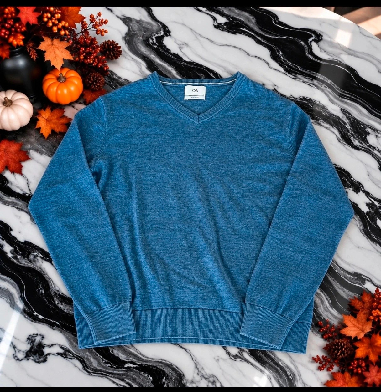 Pull C&A Homme Bleu Chiné – Taille L – Col V – Coton Bio – Manches Longues – C&A – taille L 3
