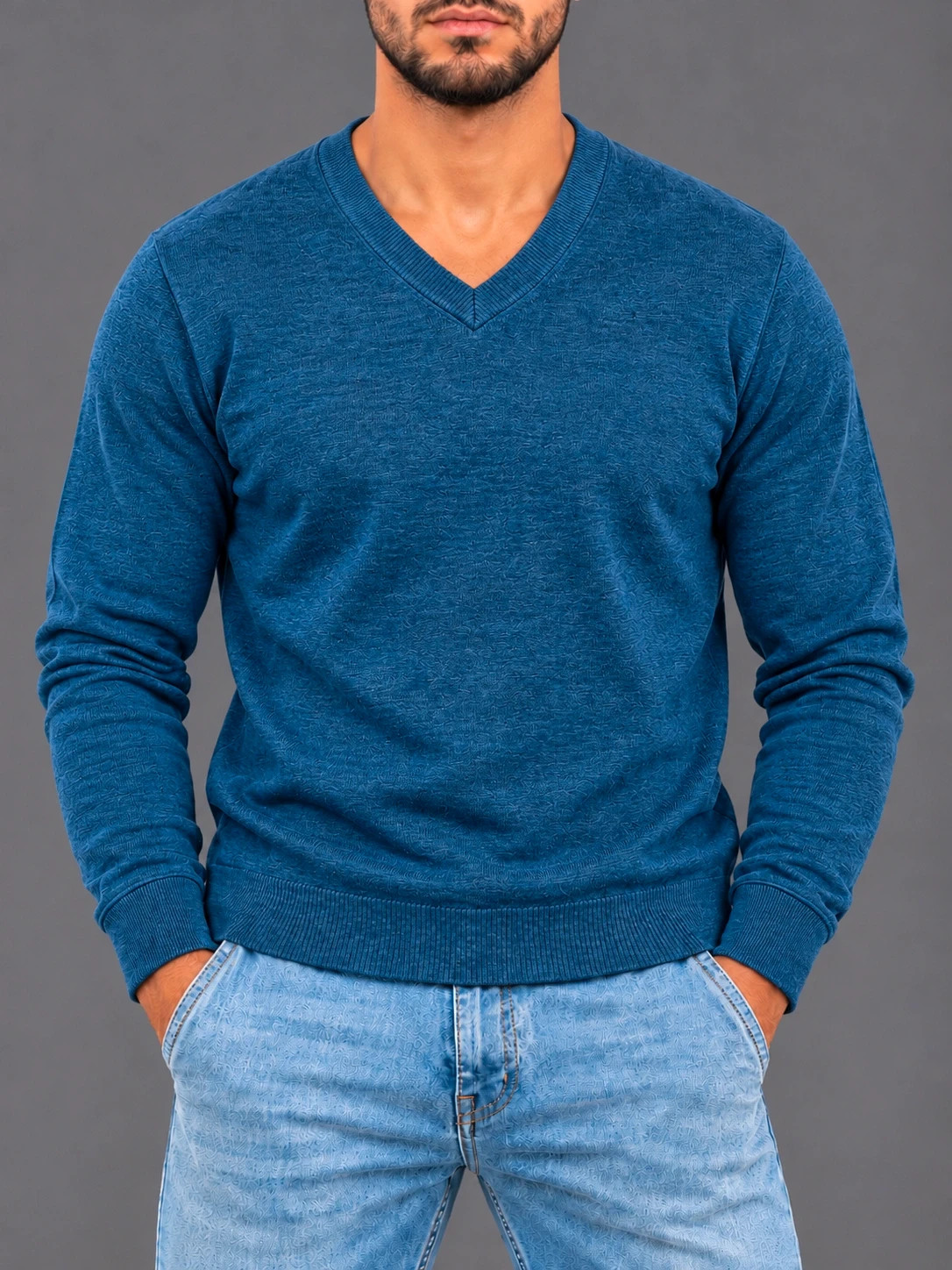 Pull C&A Homme Bleu Chiné – Taille L – Col V – Coton Bio – Manches Longues