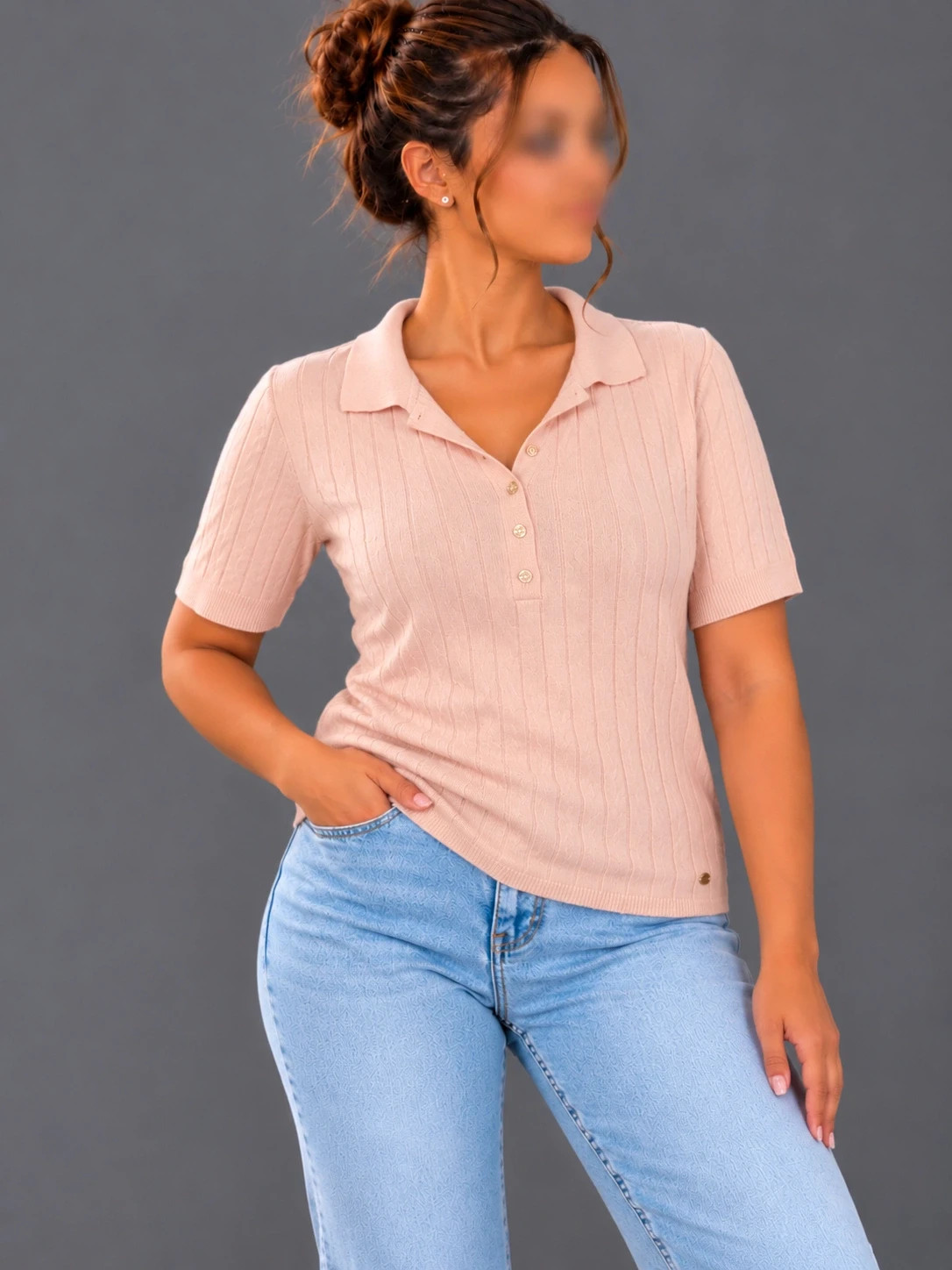 Polo Tommy Hilfiger Femme Rose Poudré – Taille L – Maille Côtelée – Manches Courtes