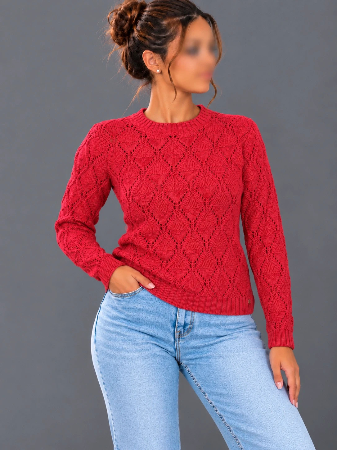 Pull Tommy Hilfiger Femme Rose Corail – Taille L – Maille Ajourée Motifs Losanges – 100 % Coton