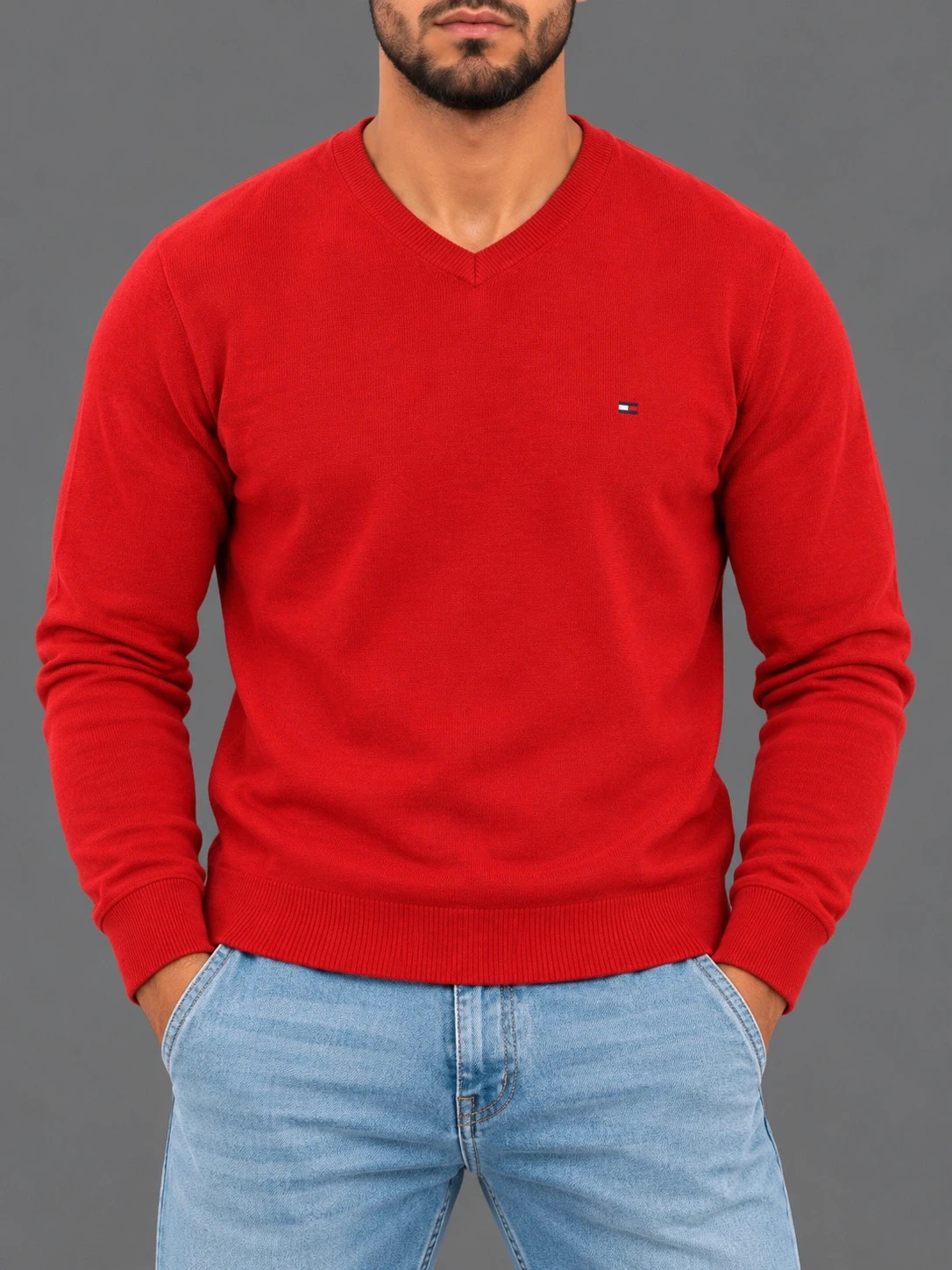 Pull Tommy Hilfiger Homme Rouge – Taille L – Coton Pima – Col V – Classique & Élégant