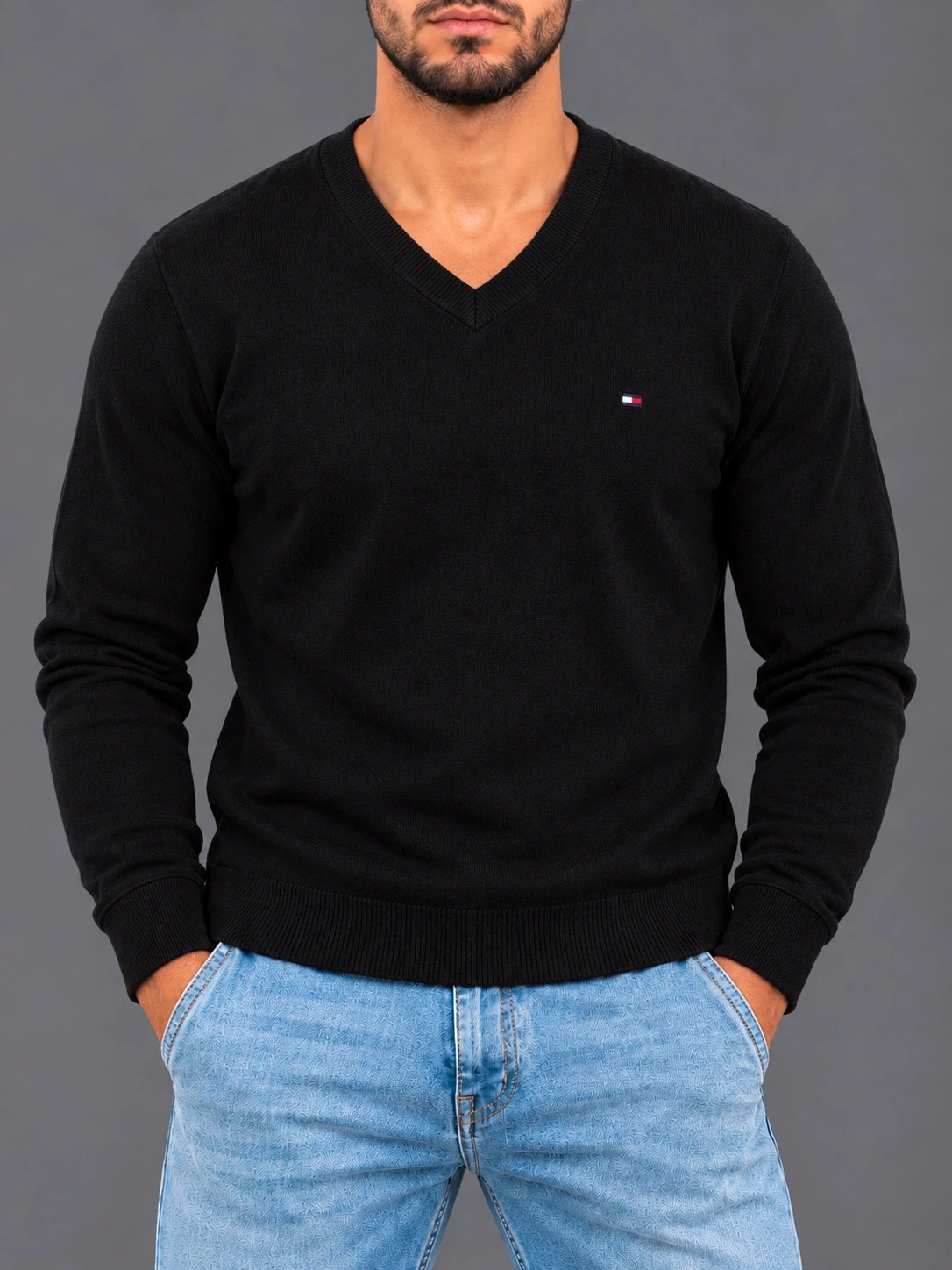 Pull Tommy Hilfiger Homme Noir – Taille L – 100 % Coton Pima – Col V – Classique & Élégant