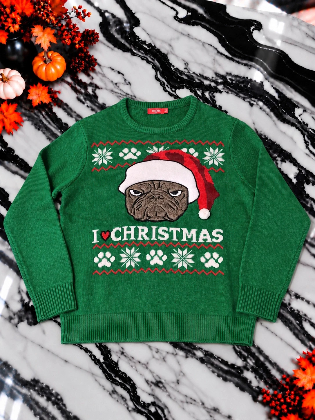 Pull de Noël Tissaia vert – Bouledogue Père Noël – Taille XL 🎄 – Holiday Time – taille XL 2