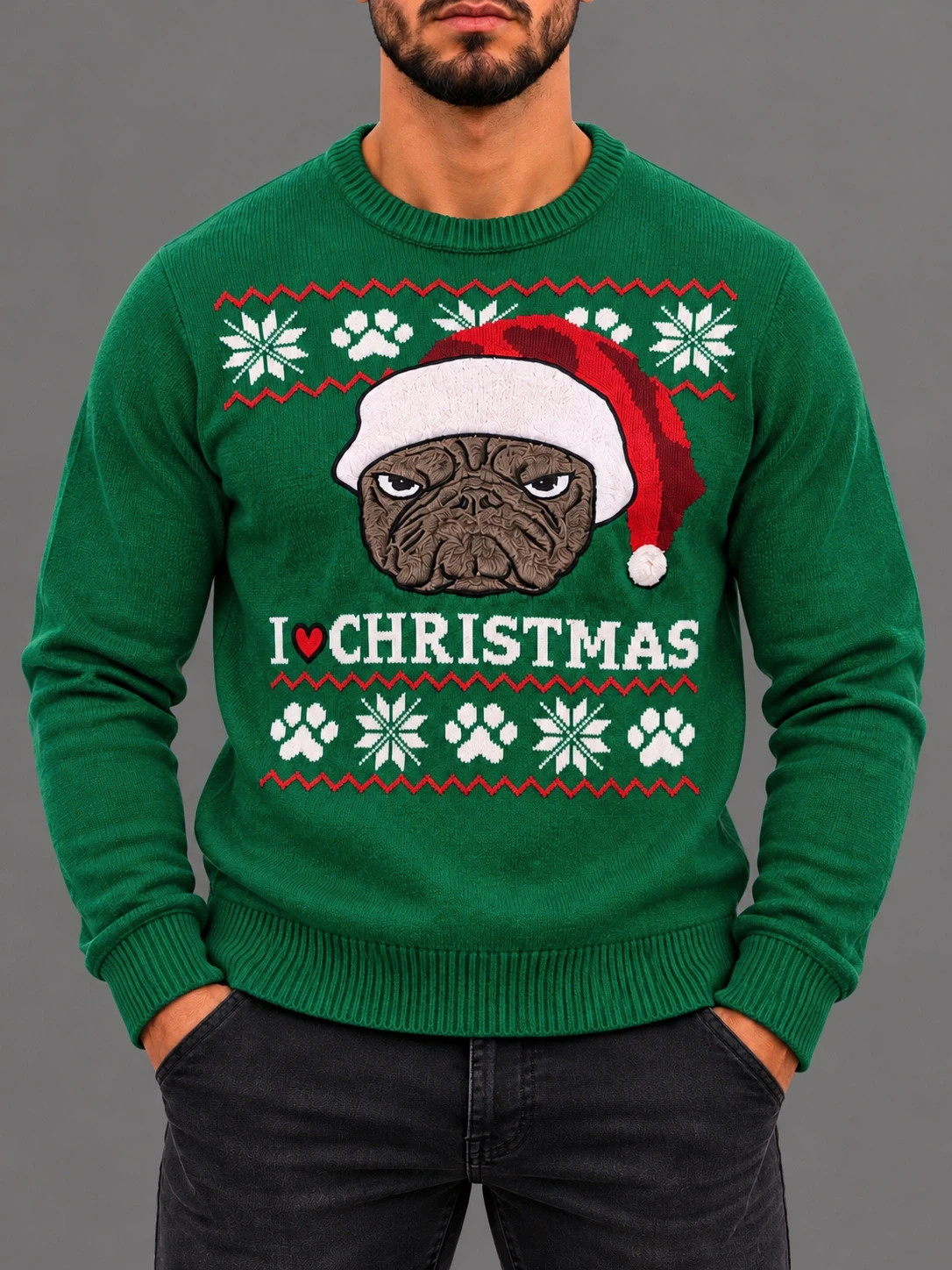 Pull de Noël Tissaia vert – Bouledogue Père Noël – Taille XL 🎄