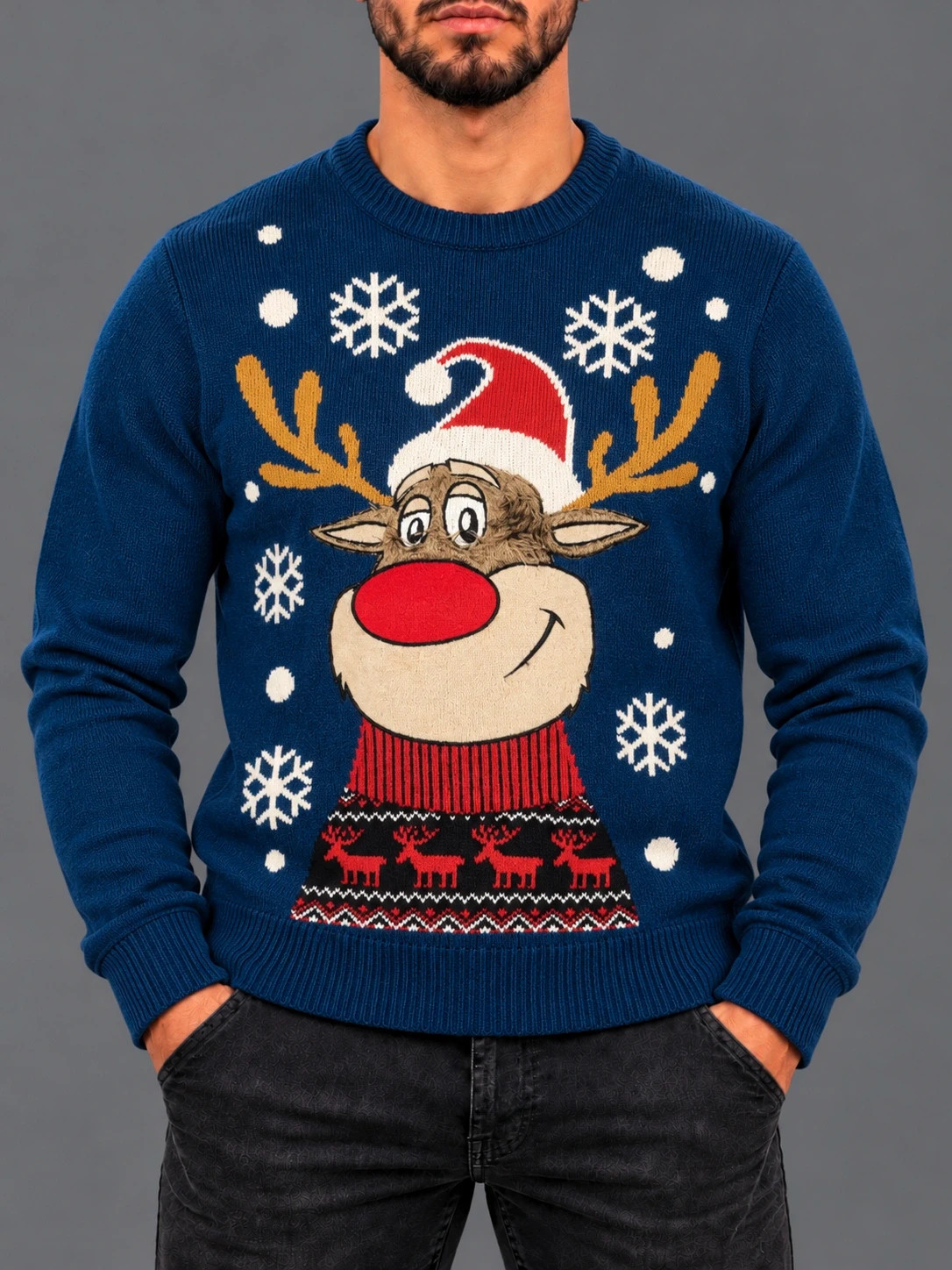 Pull de Noël Homme Bleu – Taille L – Renne Rudolph – Merry Christmas