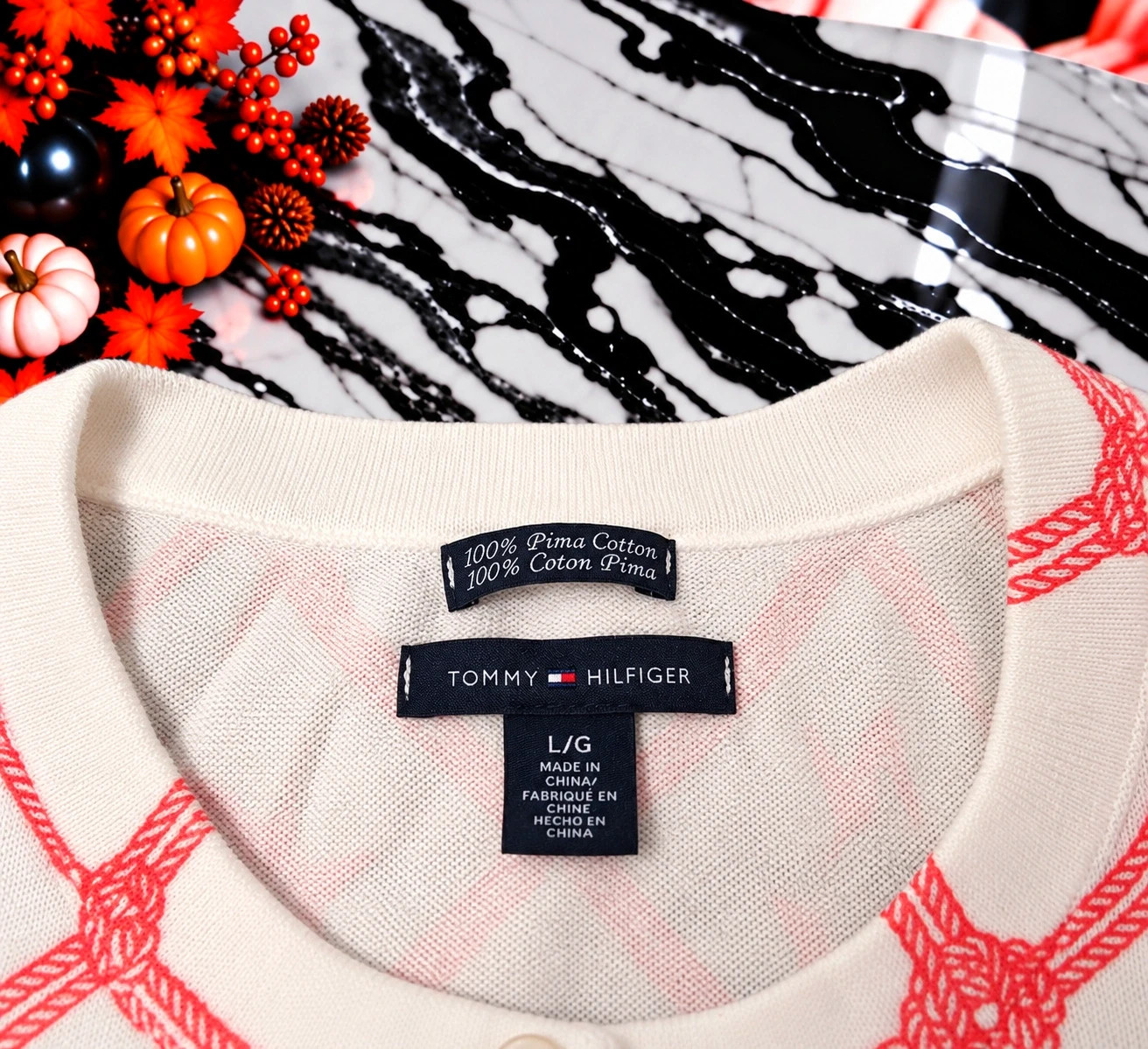 Gilet Tommy Hilfiger Femme Blanc & Rose Corail – Taille L – 100% Coton Pima – Tommy Hilfiger – taille L / 40 / 12 3