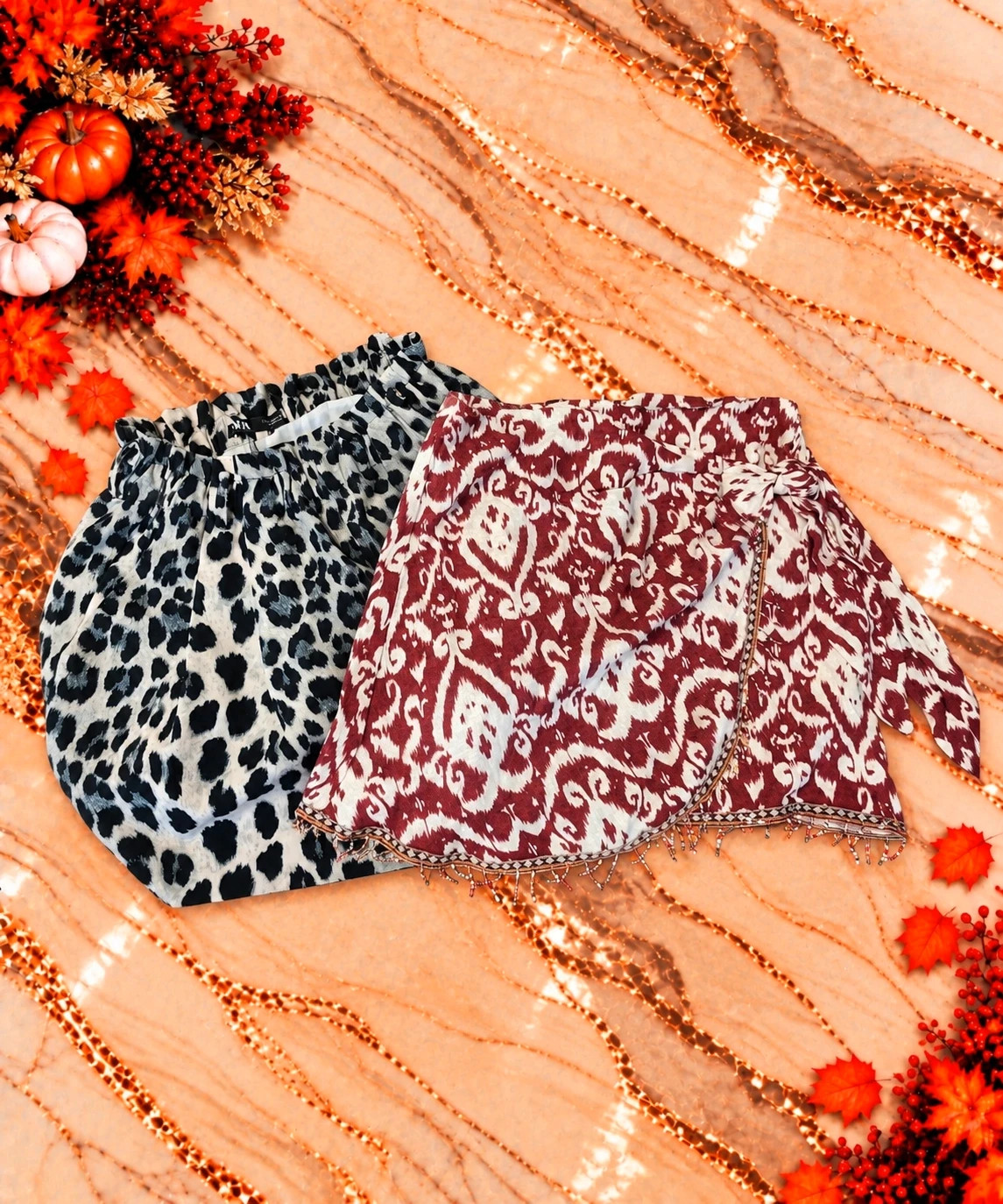 Lot de 2 jupes Zara femme – Taille S – Léopard et imprimé bordeaux