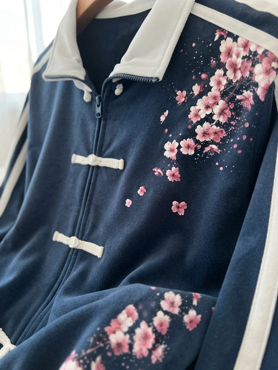 Veste Zippée Japan Style Bleue Motif Fleurs de Cerisier – Style Streetwear Y2K Rétro Taille S – Japan Style – taille S / 36 / 8 3