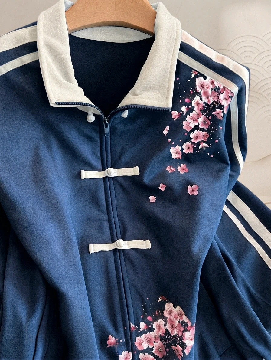 Veste Zippée Japan Style Bleue Motif Fleurs de Cerisier – Style Streetwear Y2K Rétro Taille S – Japan Style – taille S / 36 / 8 2