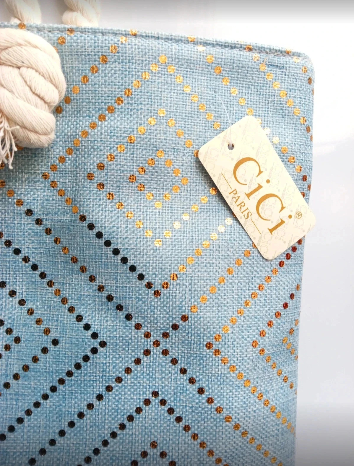 Sac de plage CiCi Paris – Bleu & Doré – Anses corde – Neuf avec étiquette – Été – Tendance 4