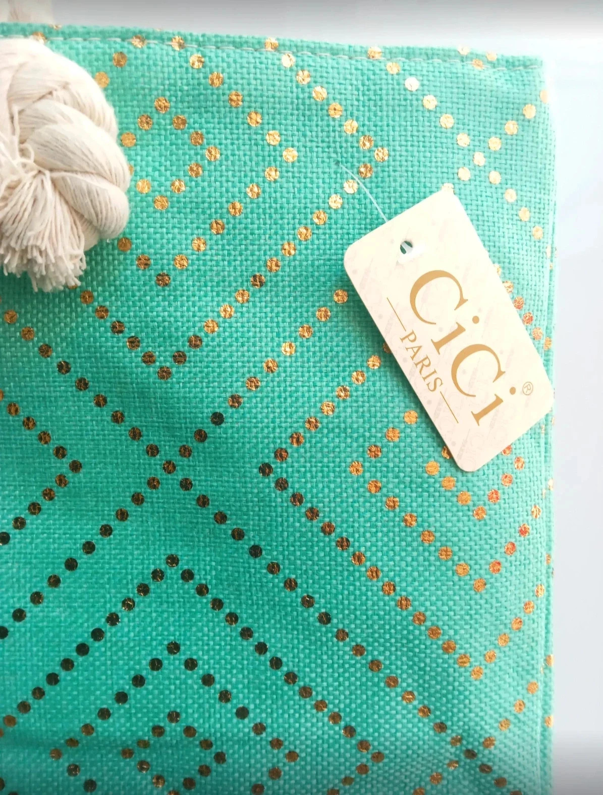 Sac de plage CiCi Paris – Vert & Doré – Anses corde – Neuf avec étiquette – Été – Tendance 4