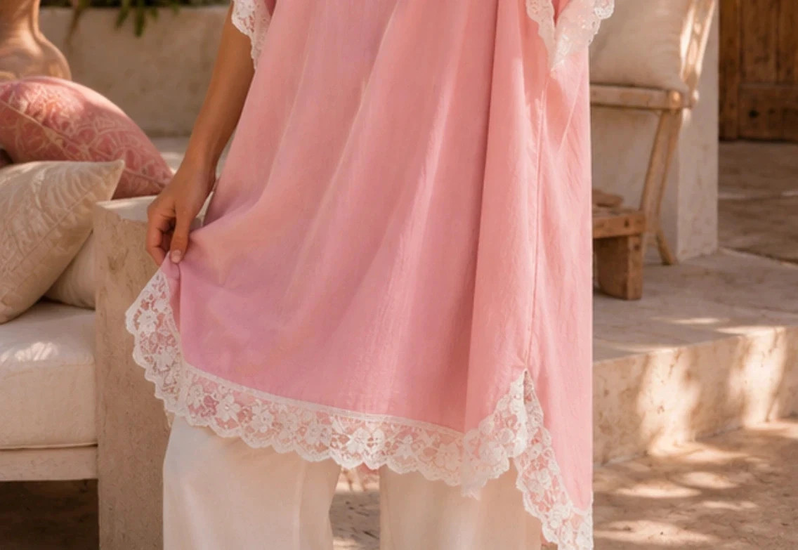 Tunique rose dentelle TU – Très bon état – Ample / Bohème / Été / Élégante – Tendance – taille Taille unique 2
